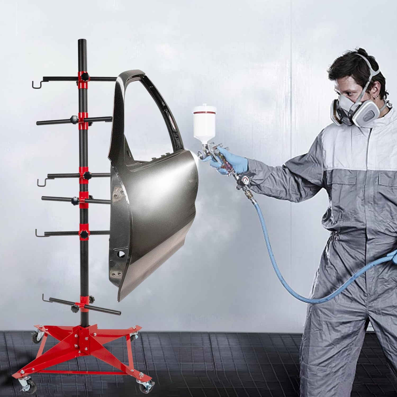 Universal Panel Tree Paint Stand Panel Holder Adjustable Center Post Hang Automotive Doors Fenders Bumpers Support Rack Black & Red