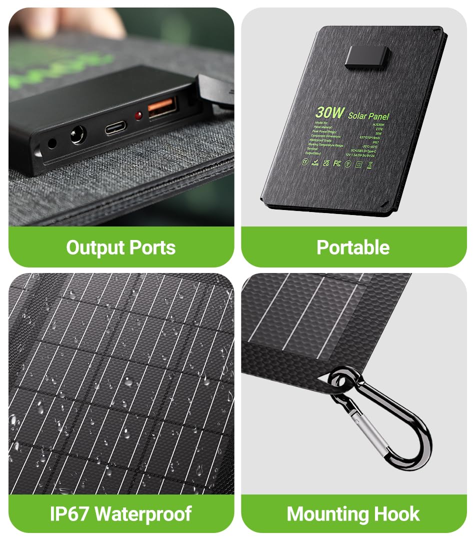 30W Faltbares Solarpanel Wasserdicht IP67 Schnellladung USB C USB A DC Ausgänge für Camping Outdoor