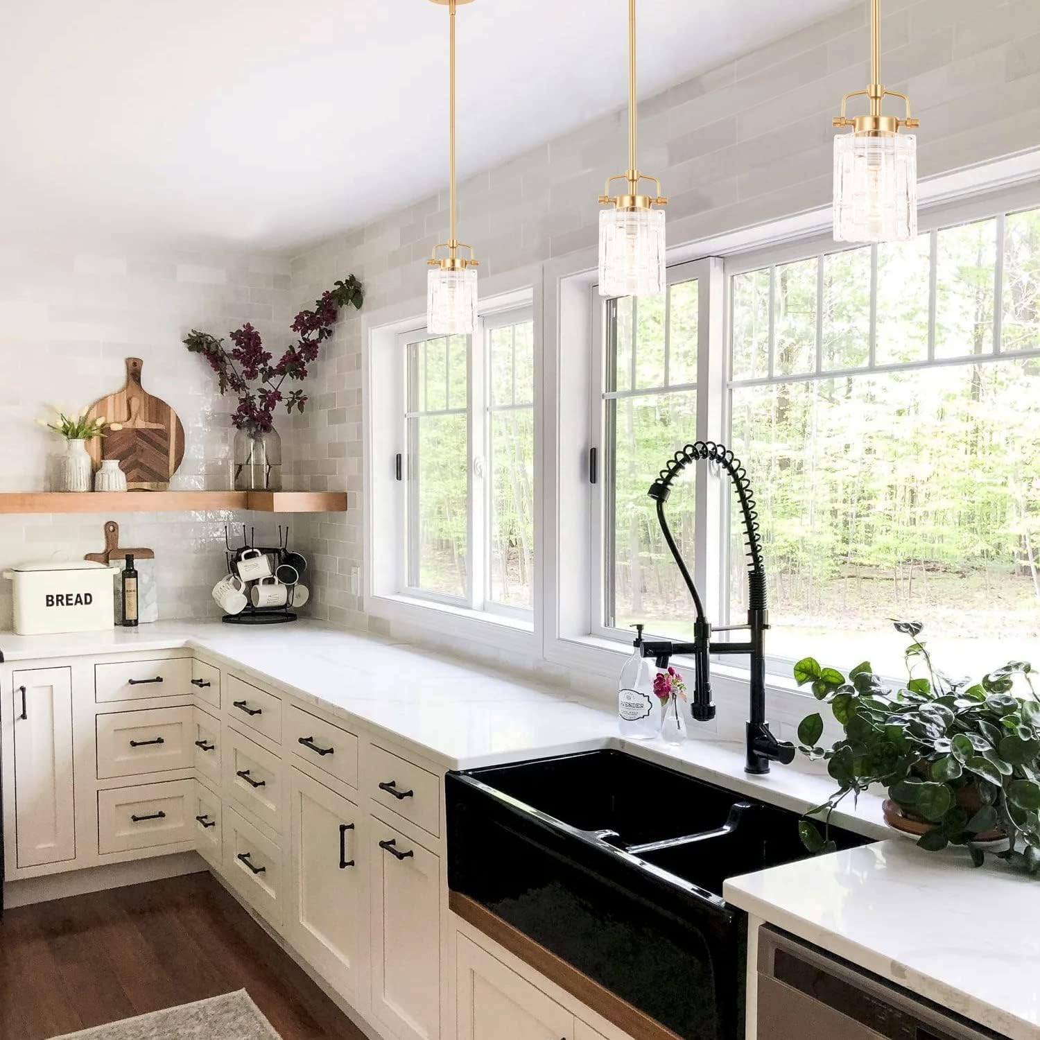 Color brass ALICE HOUSE Mini Modern Pendant Lighting Over Kitchen Island, Brushed Brass Hanging Lamp, Contemporary Farmhouse Glass Pendant Light for Dining Room, Bathroom, ETL Listed, AL2218-P1