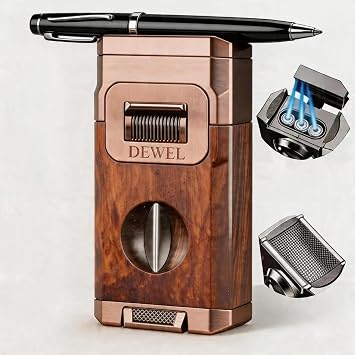 DEWEL 3 Jet Windproof 4-in-1 Torch Lighter, Refillable Butane Lighter, Punch, Holder & Draw Enhancer Tool, Cool Lighters Gifts for Men, Butane Lighter for Candle, Travel