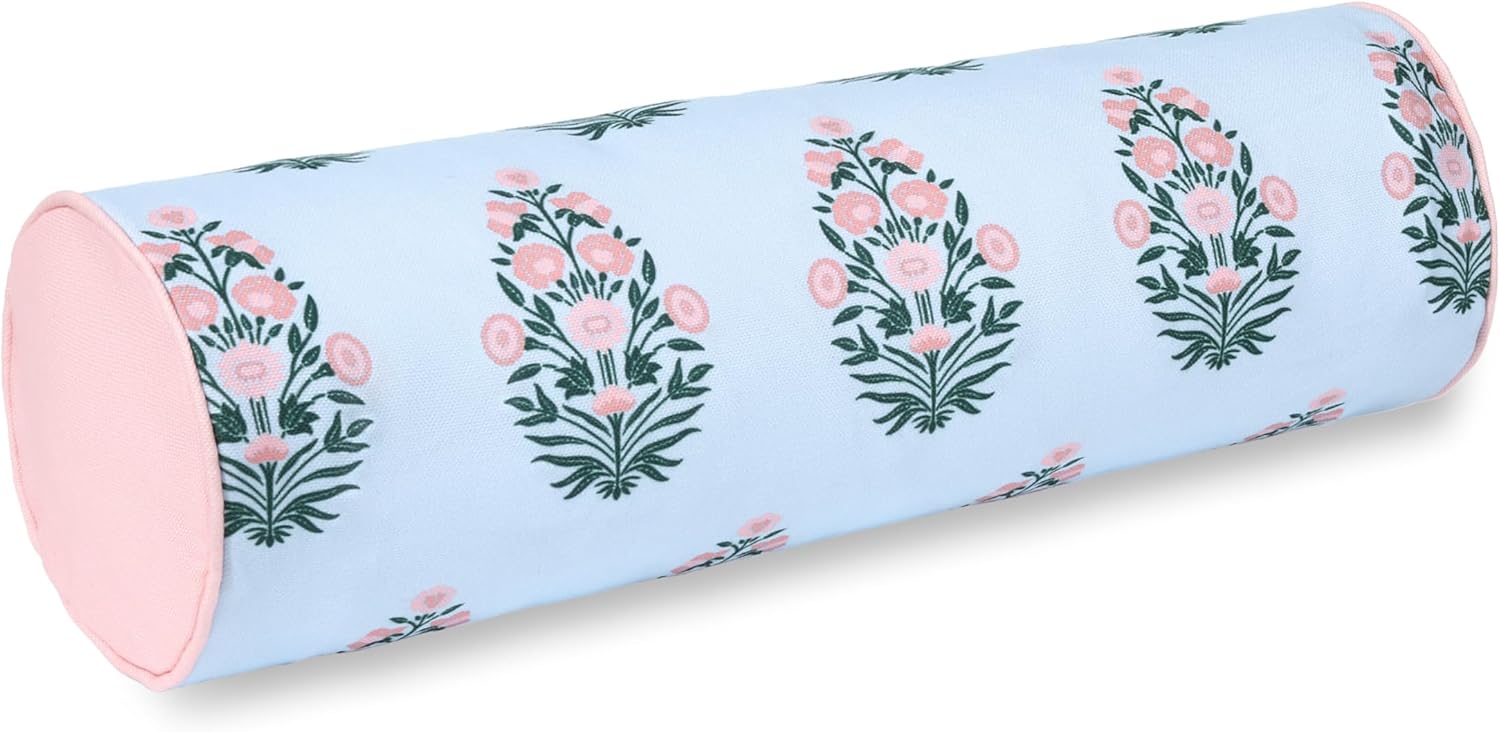 Hofdeco Premium Coastal Grandmillennial Patio Indoor Outdoor Bolster Pillow Cover Only, 6"x20" Water Repellent for Backyard, Couch, Poolside, Baby Blue Print Flower