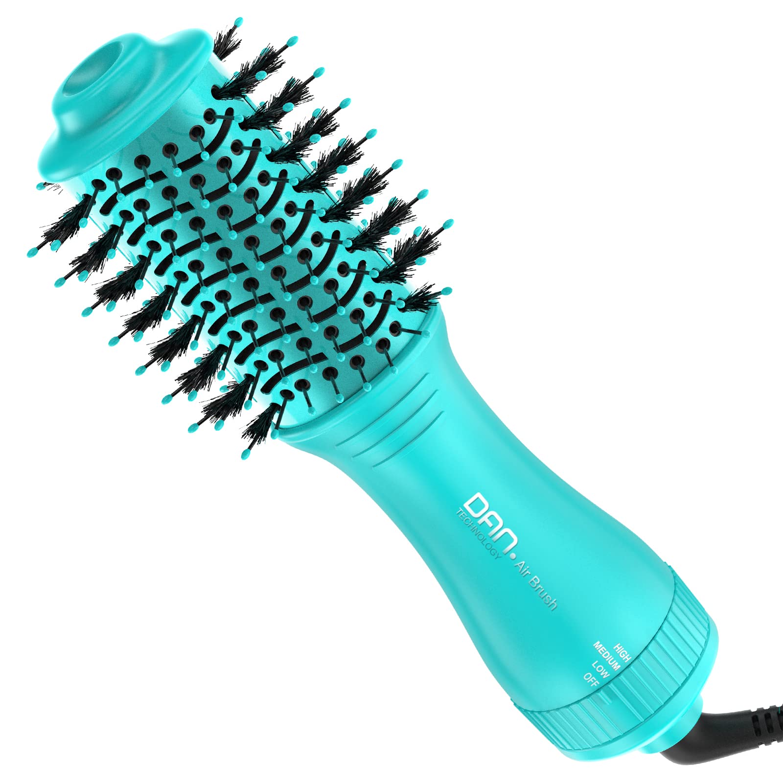 Image of the 4-in-1 Hot Air Brush with icons representing its functions: Hair Dryer, Comb, Straightener, Curler.