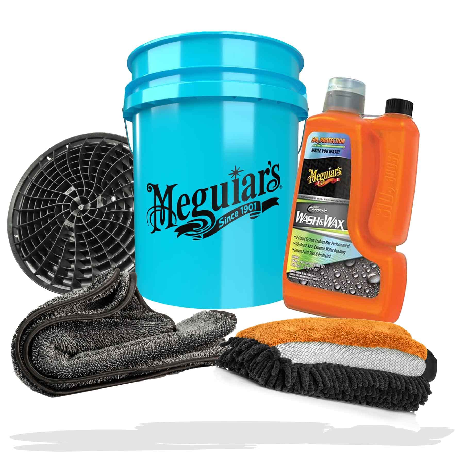 detailmate Auto Wasch- und Wachs Set mit Meguiars Hybrid Ceramic Wash&Wax 1660ml + detailmate 3in1 Waschhandschuh + 2x Trockentuch + Eimer mit Detail Guardz Dirt Lock