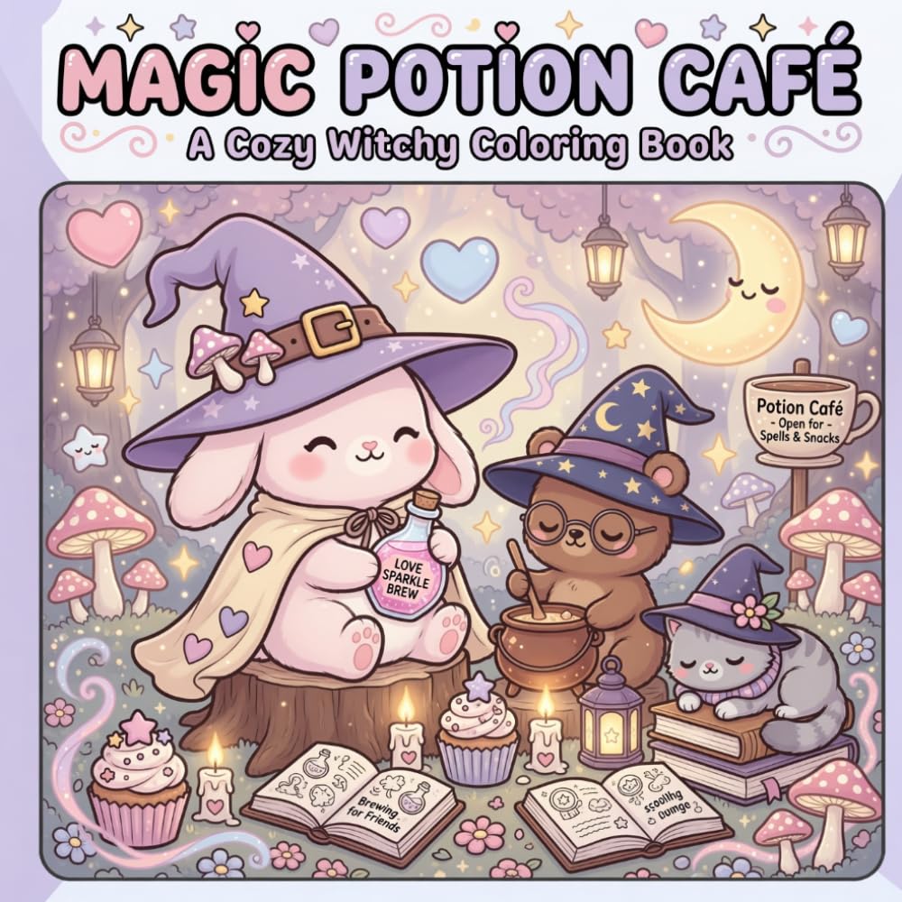Magic Potion Café: Cute & Cozy Witchy Animals Coloring Book: Adorable Kawaii Fantasy Coloring Pages for Stress Relief and Relaxation