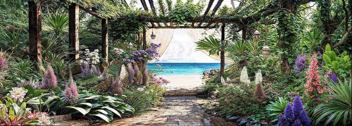 Caribbean Sea View Garden Mural, Tapestry & Curtain – Waterproof Outdoor Wall Hanging, Tropical Pergola Garden Wall Art & Coastal Fence Decor W500cm x H180cm, W196.85 inches x H70.87 Inches