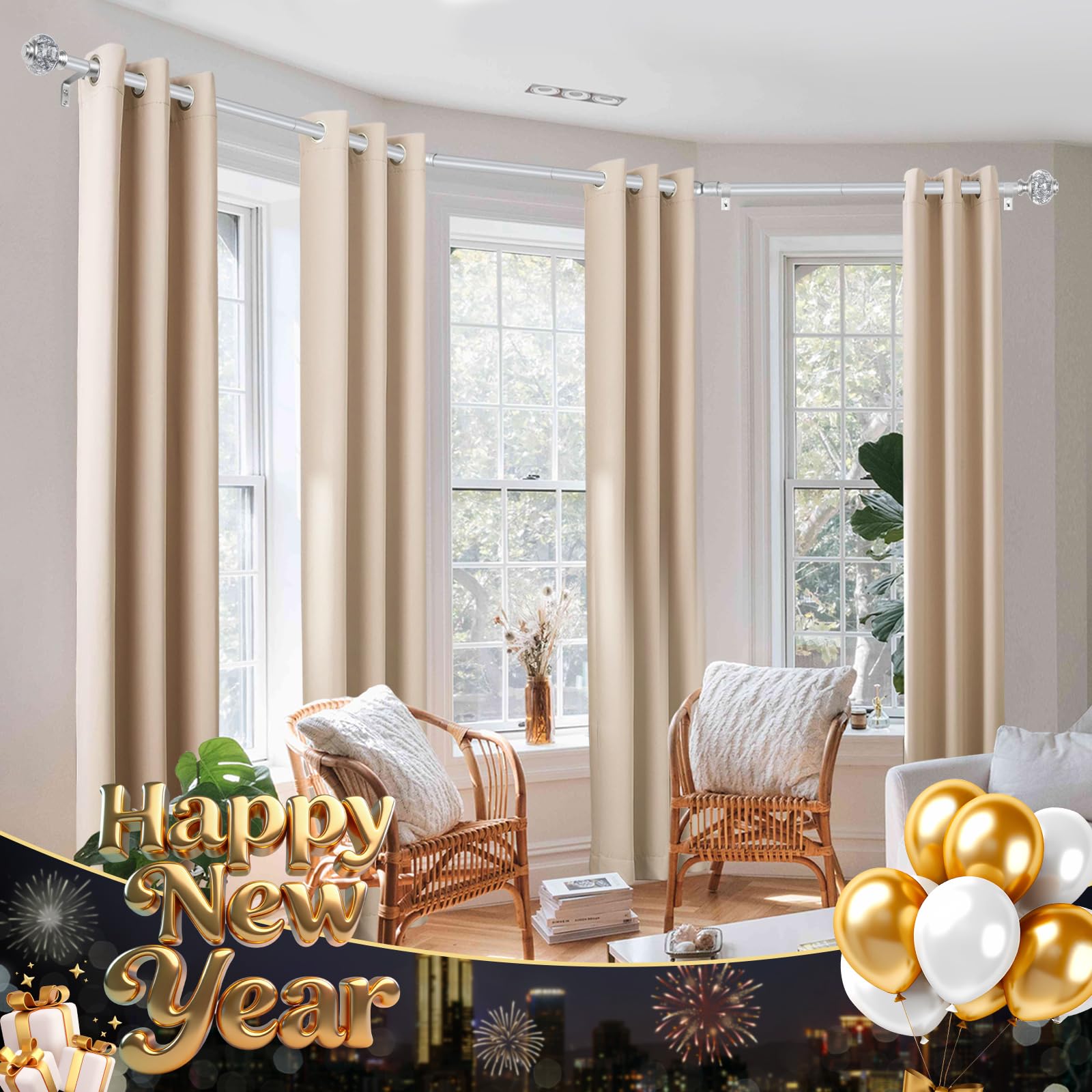 Bay Window Curtain Rods, USFOOK Gold Curtain Rods For Bay Windows 32 T 86 Inch Center Rod 32 To 58 Inch Side Rod For Windows Decorative Drapery Rods With Bling Finials