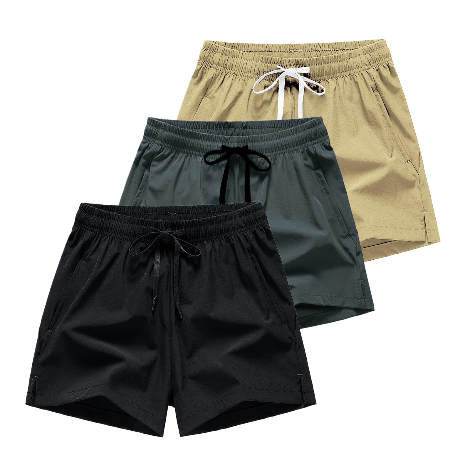 Ybwhjwx 3 Pack Men's Athletic Running Shorts Moisture Wicking Workout Shorts 3 Inch Lightweight Sports Gym Tennis Shorts Jogging (US, Alpha, X-Small, Regular, Black/Gray/Khaki)