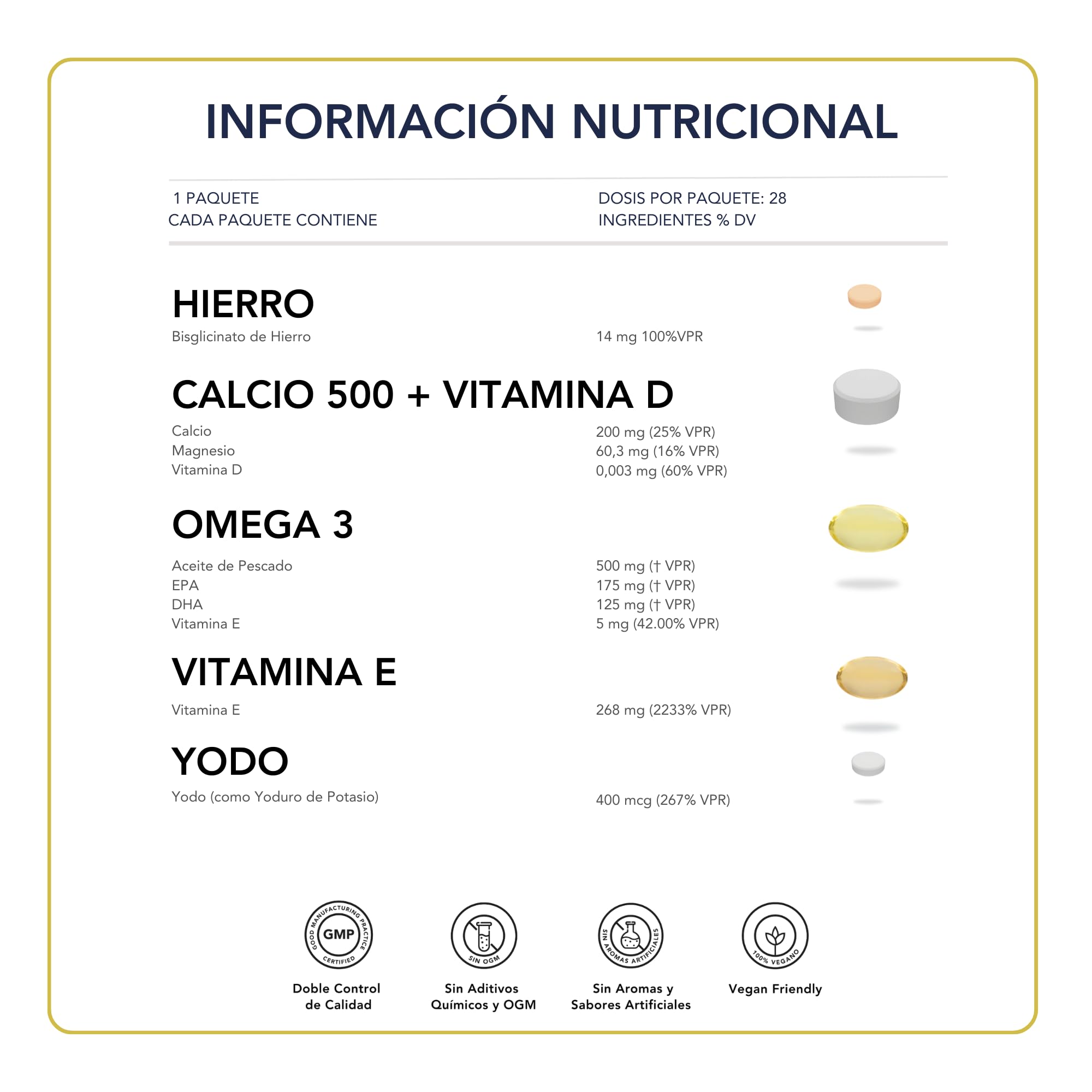 Complemento Alimenticio para el Embarazo con DHA, Ácido fólico, Yodo, Vitaminas y Minerales 28 sachets diarios