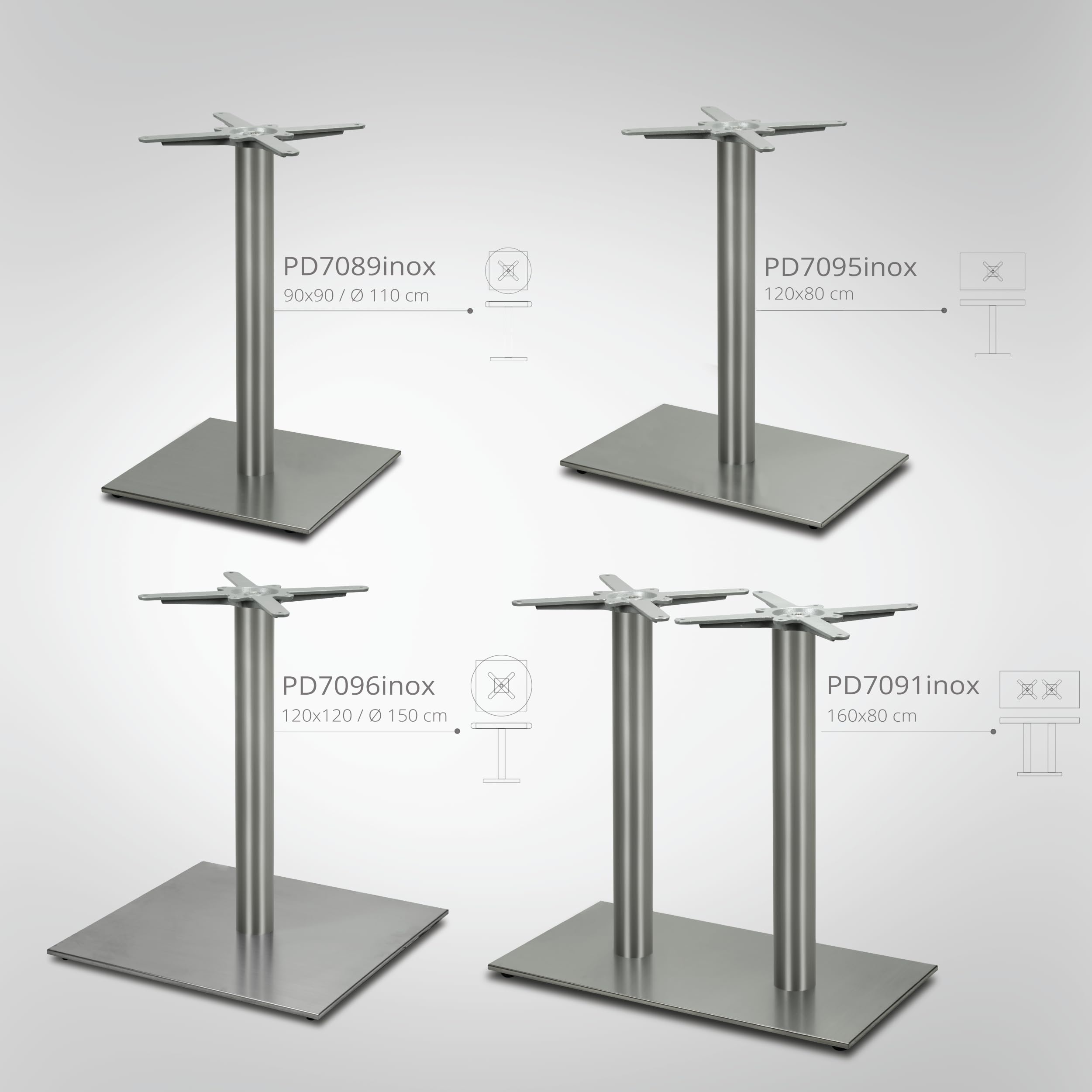 Premium Tischgestell Edelstahl- PD7095inox | matt satiniert | Höhe 73 cm | Bodenplatte Ø45 cm | max. Tischplattengröße 120x80 cm | Ideal für Esstische