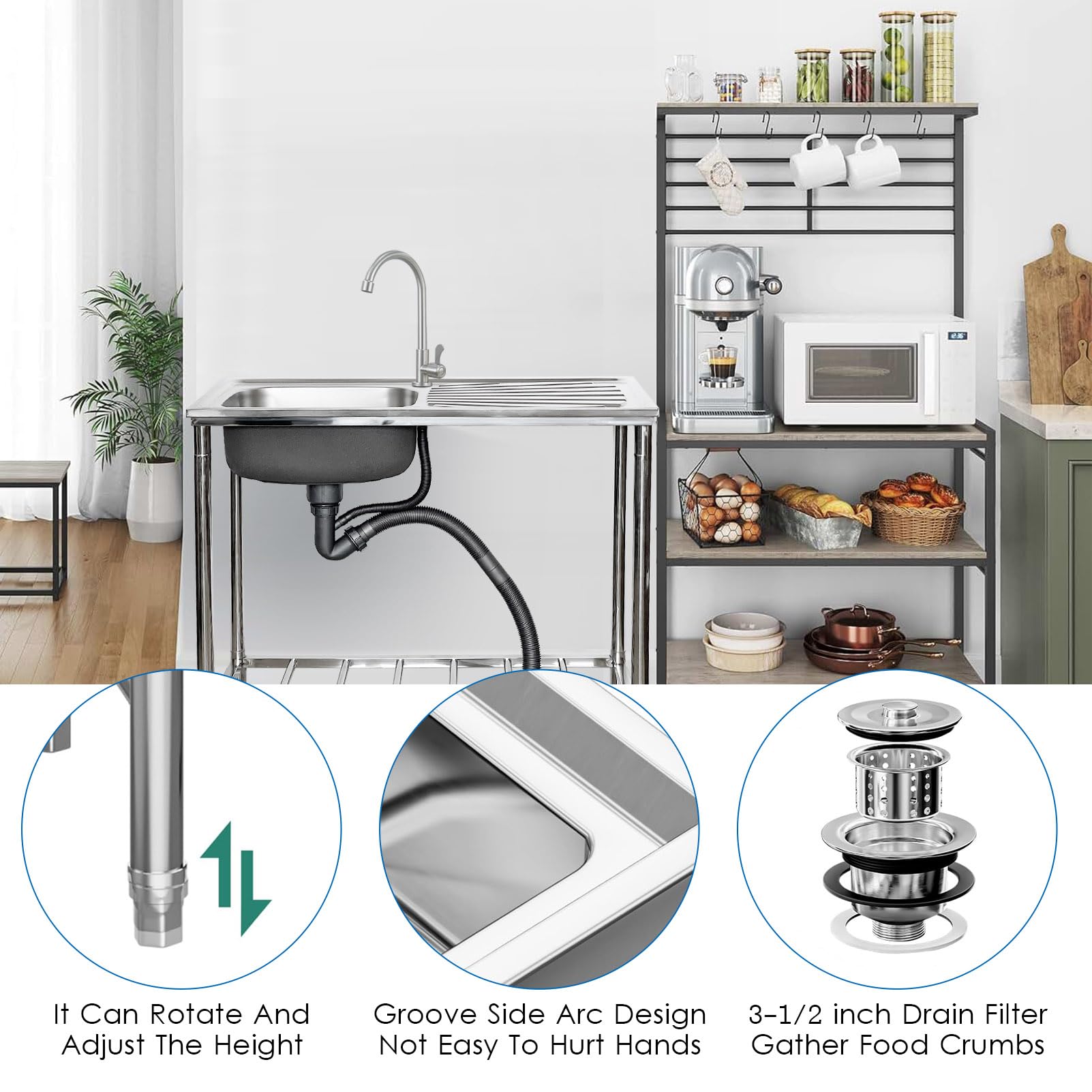 Évier Utilitaire en Acier Inoxydable, Ensemble d'évier de Cuisine Commercial autoportant à Une cuve avec Plan de Travail à Droite et Robinet Eau Chaude/Froide, idéal pour Garage, r