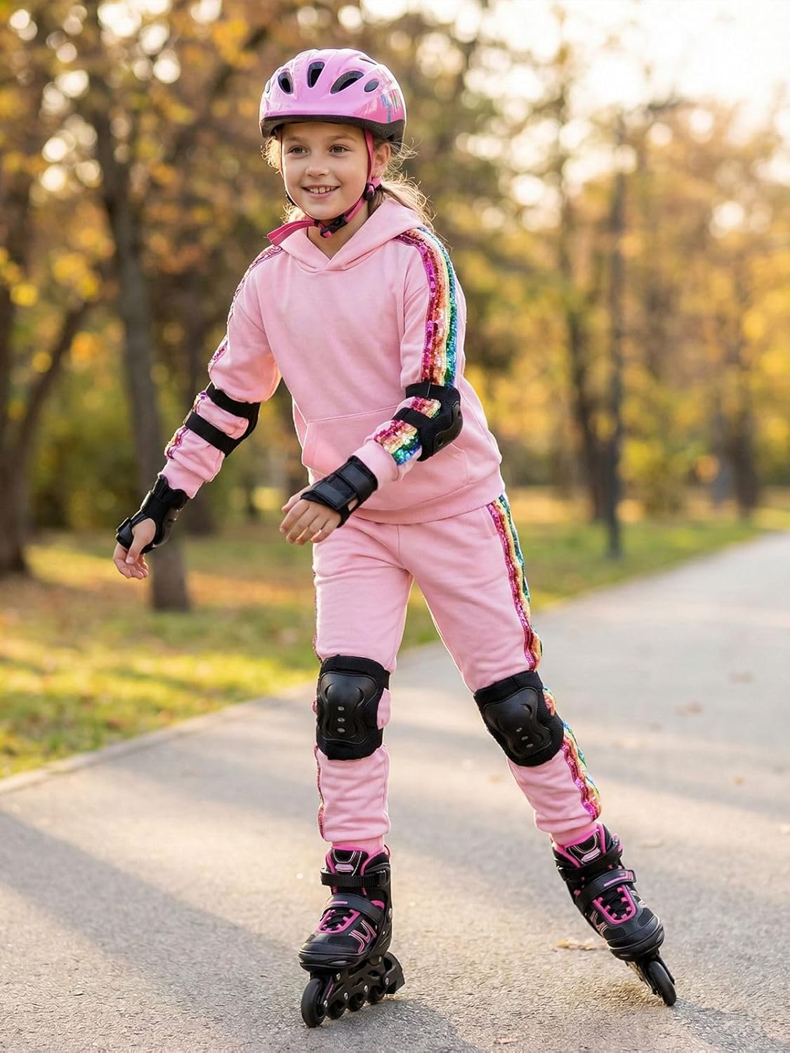 WELAKEN Girls 2 Piece Outfit Rainbow Sequin Striped Sweatshirt & Sweatpants Clothing Set