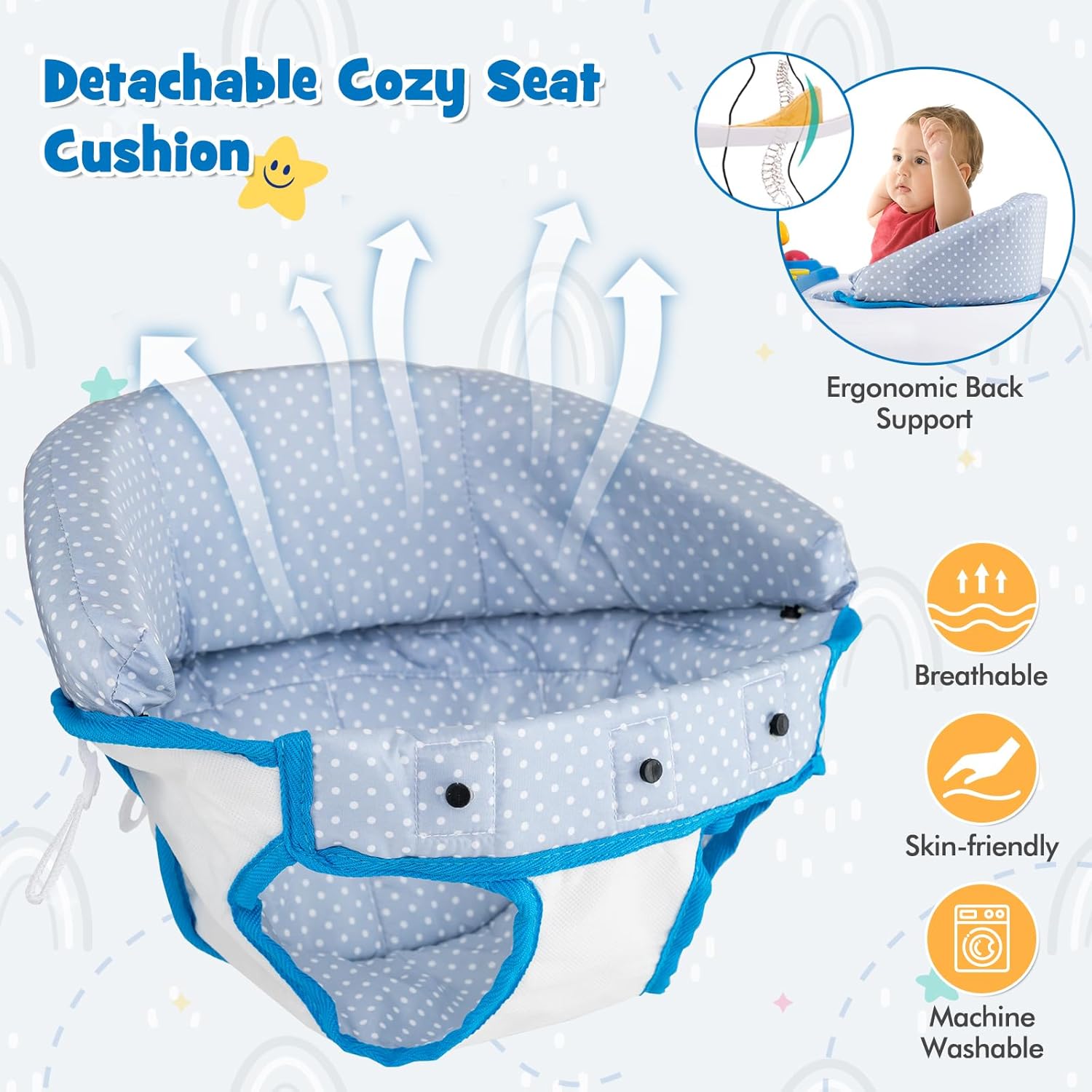 HONEY JOY Baby Walker, 5 in 1 Infant Activity Walker with Wheels, Music, Removable Cushion, Toddler Foldable Push Walker for Boys Girls, Anti-Rollover Walkers for Babies 7-14 Months (Blue)