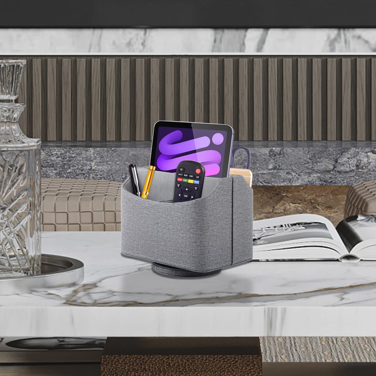 Organizzatore per telecomando girevole a 360°, contenitore per telecomando TV, organizer in pelle PU con 5 scomparti, multifunzione per comodino, scrivania, ufficio, portapenne, Grigio