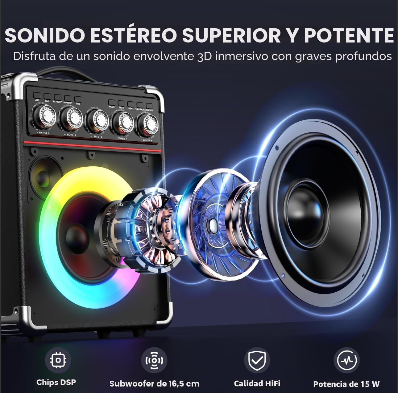 JYX Karaoke 2 microfonos inalambricos, portatil Karaoke Profesional Completo, Altavoz Karaoke de Sistema PA potatil y Luz LED y Mando a Distancia, soporta Bluetooth/TF/USB/AUX/TWS
