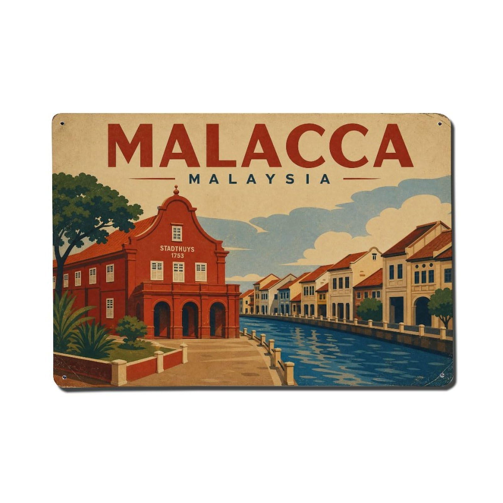 Vintage Travel Malaysia Malacca Metal Tin Sign Plaque Wall Decor for Cafe, Club Bar, Office, Garden Metal Poster 8x12Inch