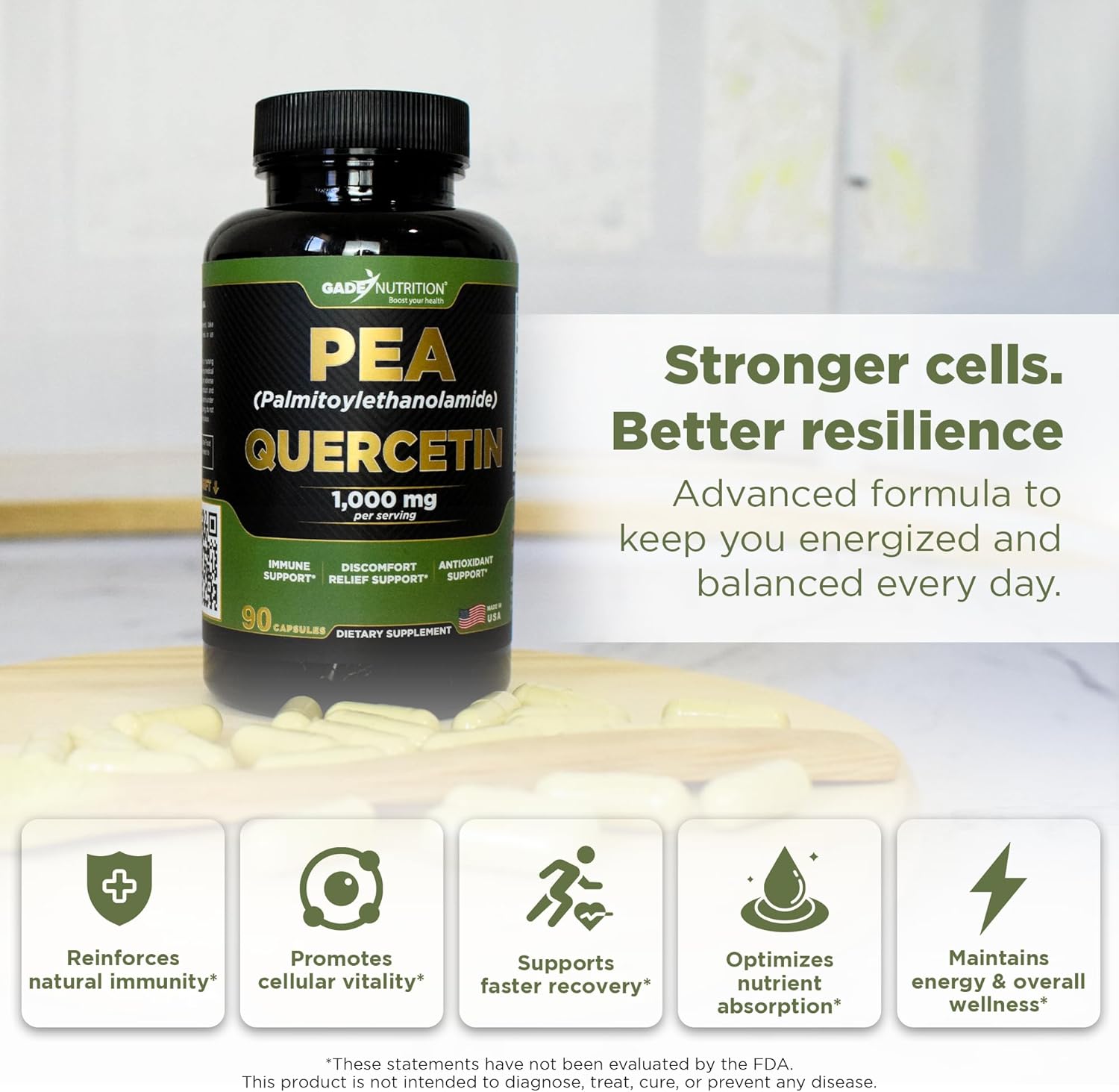 Gade Nutrition Palmitoylethanolamide Pea Supplement 800 mg with Quercetin 200 mg | Micronized Pea 99% Highly Purified and 95% Quercetin Bioavailable | Made in USA | Supplement for Men and Women - Image 2