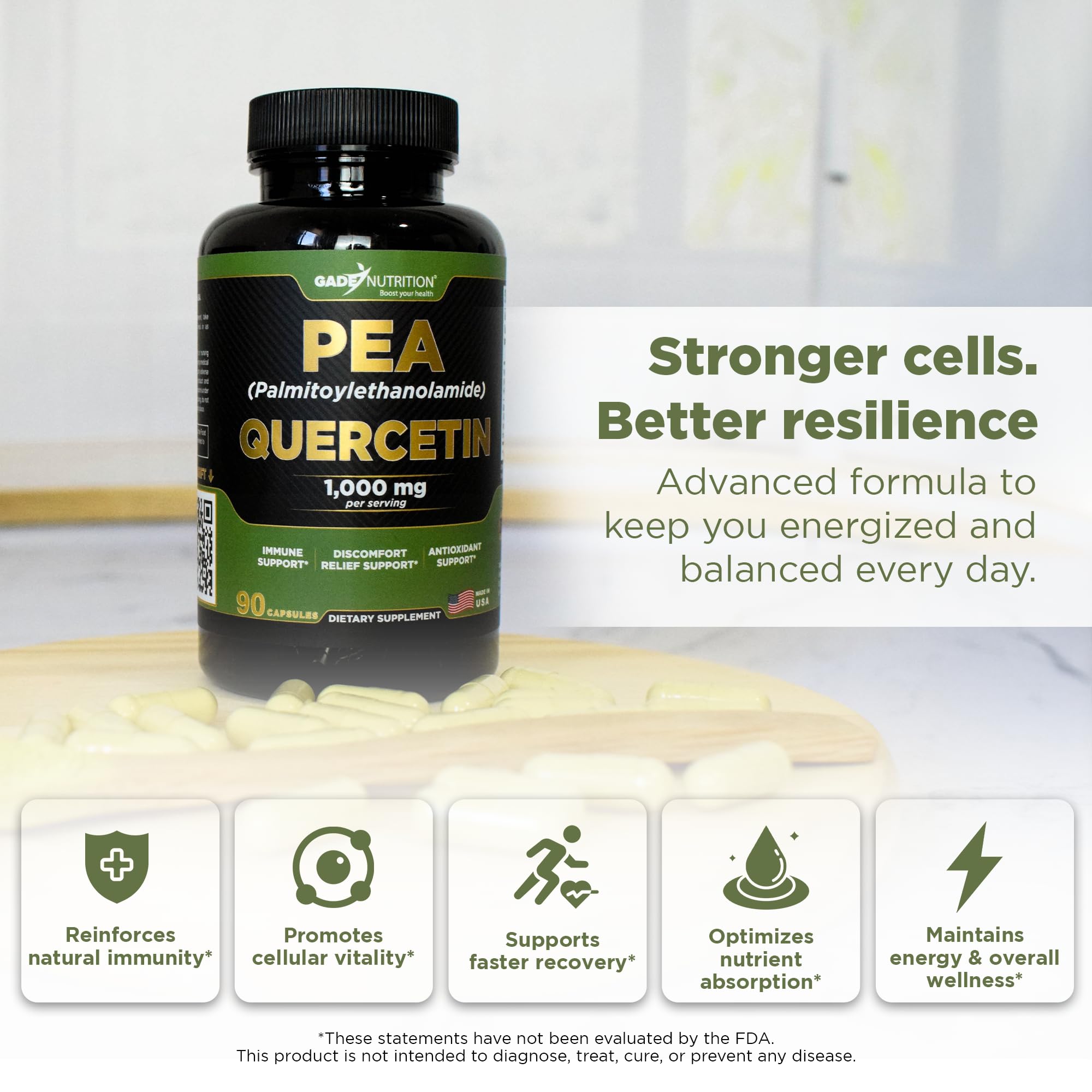 Gade Nutrition Palmitoylethanolamide Pea Supplement 800 mg with Quercetin 200 mg | Micronized Pea 99% Highly Purified and 95% Quercetin Bioavailable | Made in USA | Supplement for Men and Women — Amazon image 2