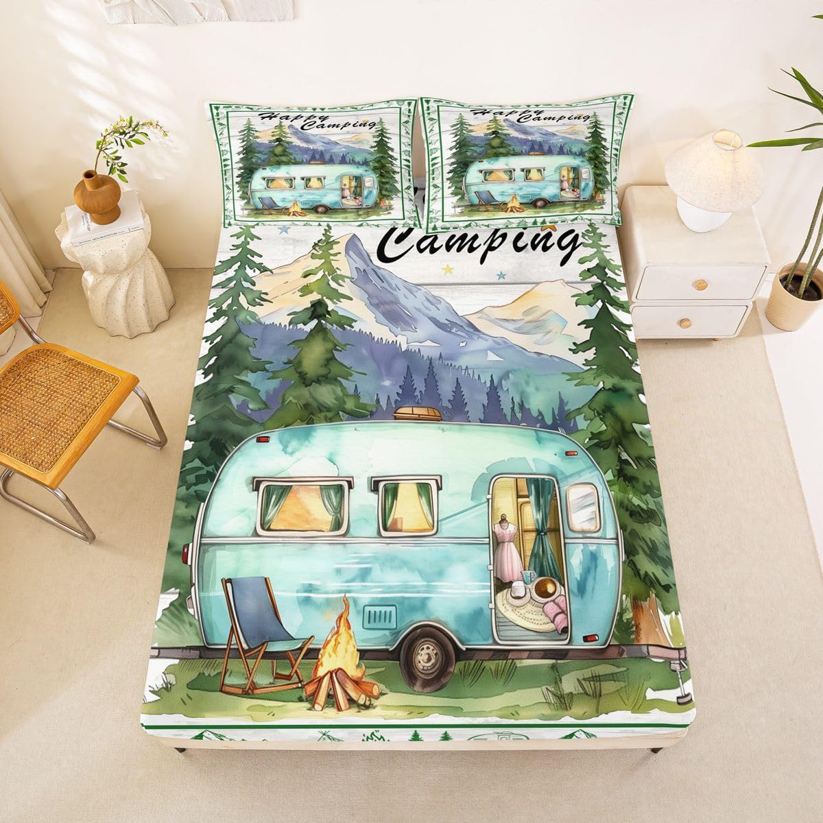 jejeloiu Camping RV Bed Sheets Set King Size Happy Camping Bed Set for Kids Boys Girls Bonfire Deep Pocket Fitted Sheet Breathable Soft Lightweight Microfiber