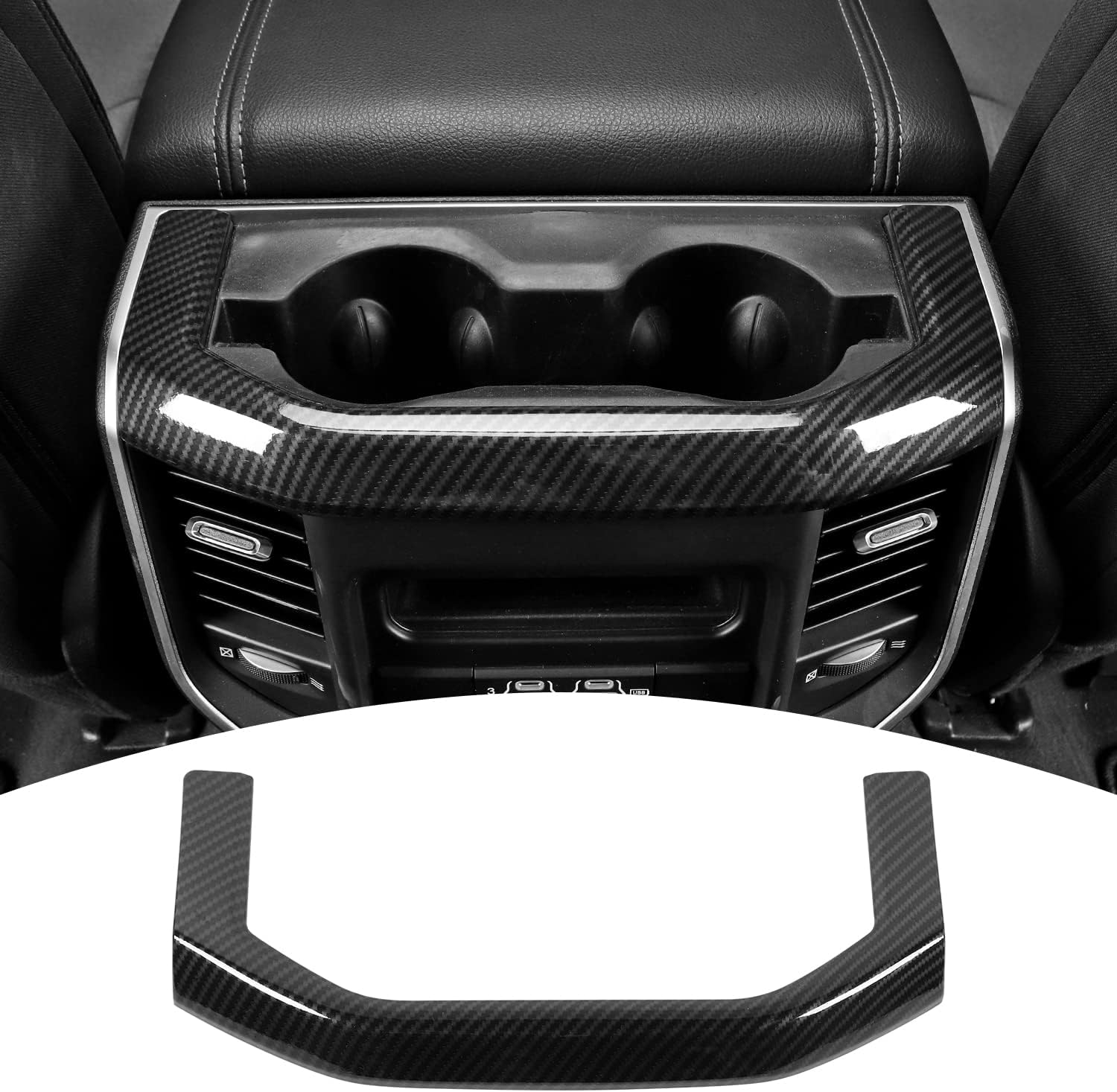 Carbon Fiber Rear Cup Holder Panel Trim Cover Interior Accessories Fit for 2018-2026 Dodge Ram