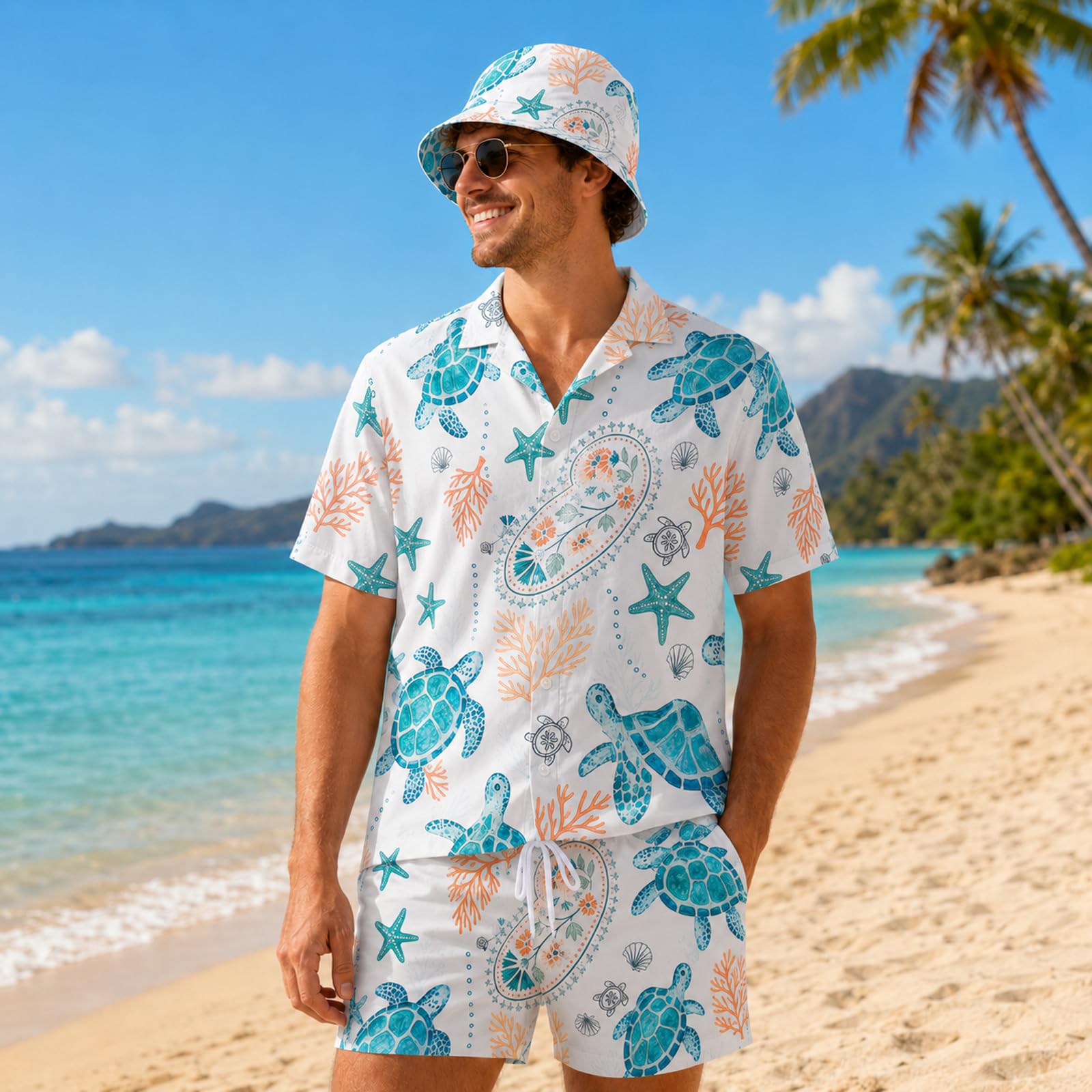 Camicia hawaiana da uomo con pantaloncini e cappello, outfit hawaiano da uomo, camicia hawaiana per festival, costume estivo da uomo Mallorca