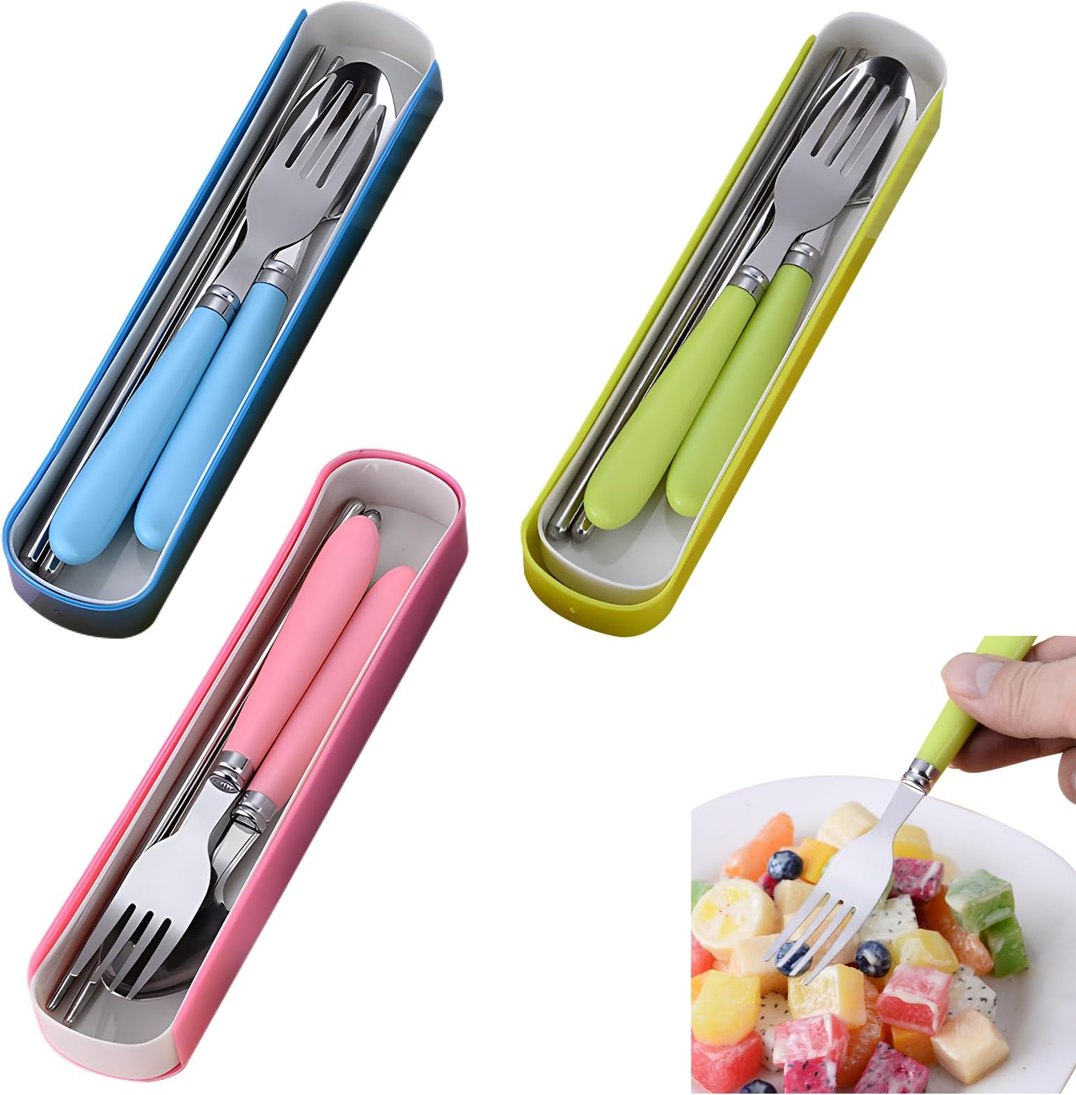 Big Bargain Store Toddler Utensils latware 3 Sets Stainless Steel Fork and Spoon Set Kid Safe Utensils with Portable Travel Case with Round Handle for LunchBoxwith Tableware Set