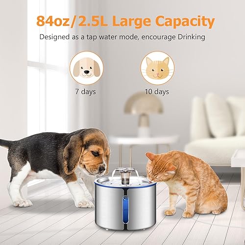 Cat Fountain, 84oz/2.5L Stainless Steel Pet Water Fountain, Automatic Dog Water Dispenser, Water Level Window, Ultra-Quiet Pump, Perfect for Cats, Dogs and Multiple Pets, 4 Filters(Cat Fountain+4 Filters)