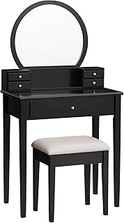 VASAGLE Vanity Set Makeup Dressing Table with Mirror, Padded Stool, 5 Drawers, 27.6 x 15.7 x 52.8 inches, Black