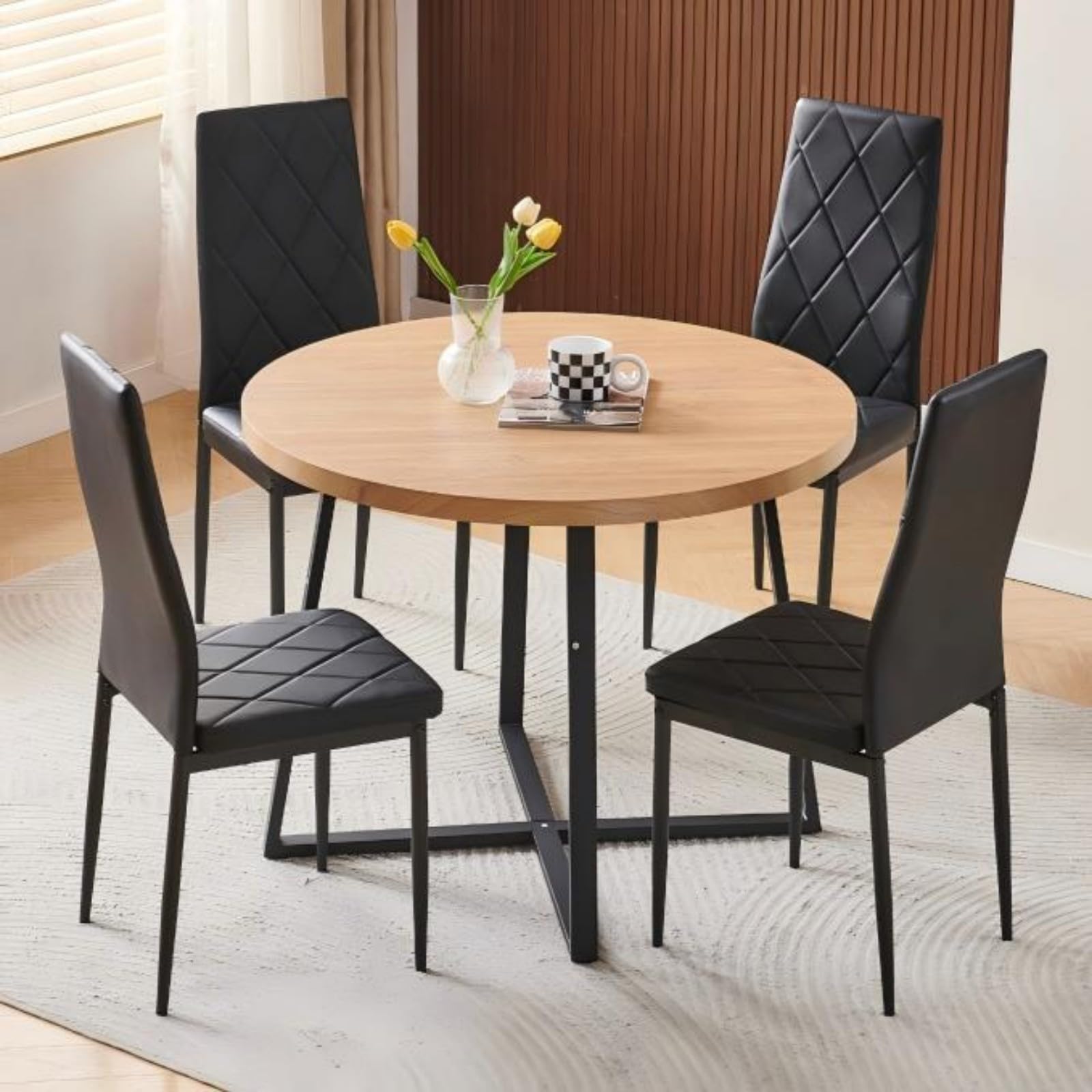 Homullel Round Dining Table and Chairs Set 4 Seater Kitchen Dining Set, 5 Pieces Table & Chairs Dinner Table Set for 4 (Oak Round Straight, 4 Seats, Black Faux Leather Argyle Grid)