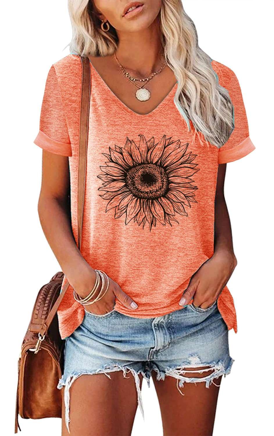 NAIOSS Damen Langarmshirt Bedruck Oberteile Herbst Tshirt V-Ausschnitt Shirts Baumwolle Casual Tops