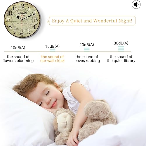 Miniatura 6 de Reloj de pared redondo de madera de 14 pulgadas, estilo retro, vintage, francés, de madera, silencioso, funciona con pilas, sin tictac, para