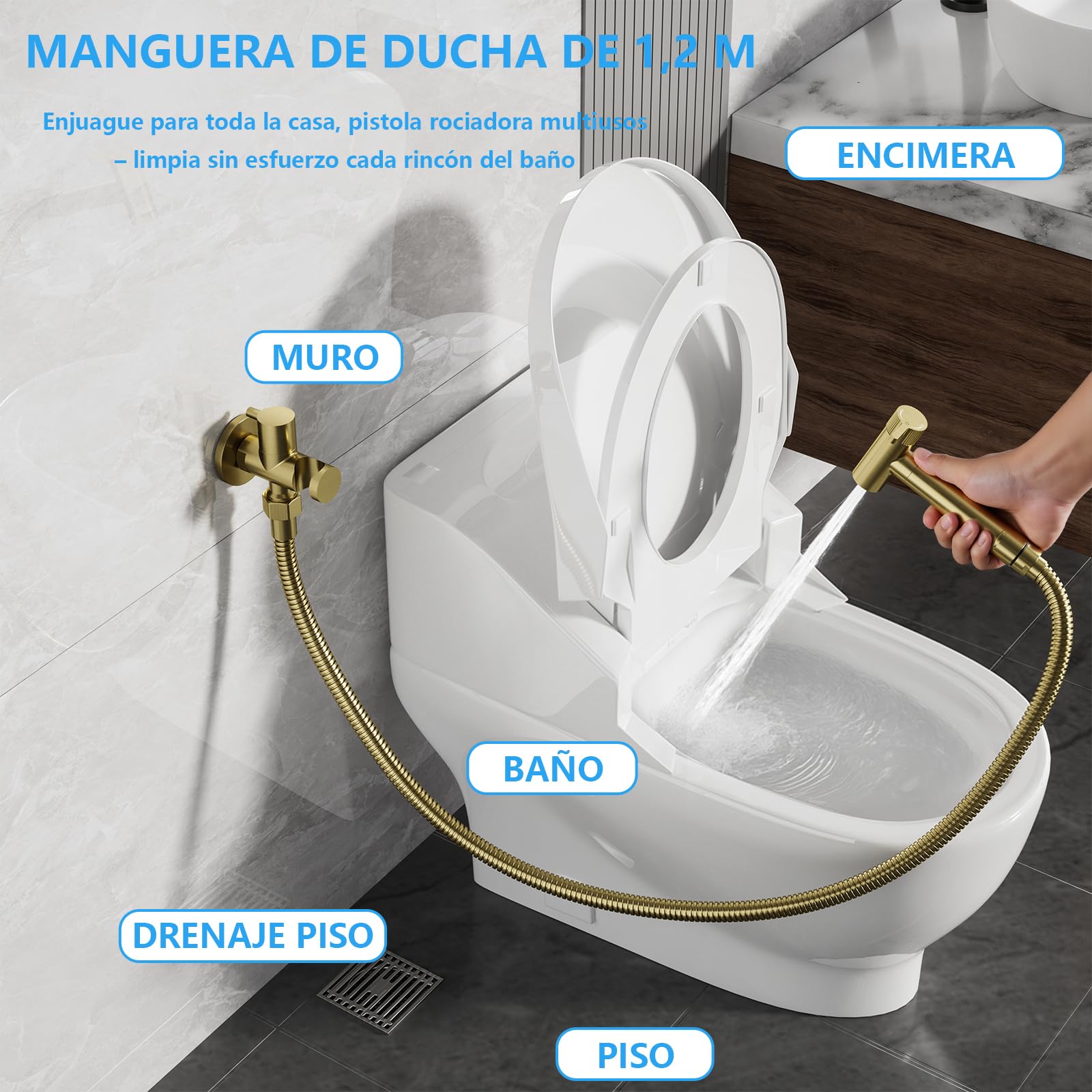 Oro Cepillado Kit de Rociador de Mano para Inodoro, 2 Modos Ducha Bidet para Inodoro, Latón Rociador de Bidé Montado en Pared para Inodoro con Manguera de 1.2m y Soporte, para Higienico Personal