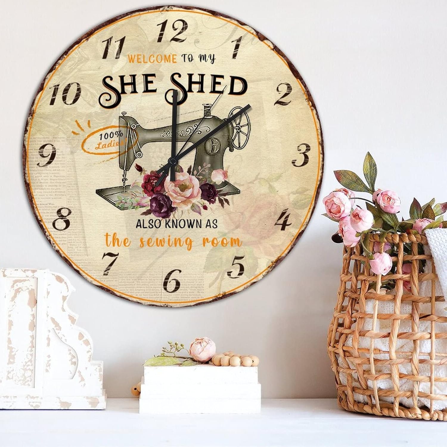 Vintage Round Wood Clock Welcome to My She Shed Sewing Room Floral Farmhouse Wooden Wall Clock 15 Inch Silent Non-Ticking Battery Operated Clock for Living Room Office Wall Art For Home Decor