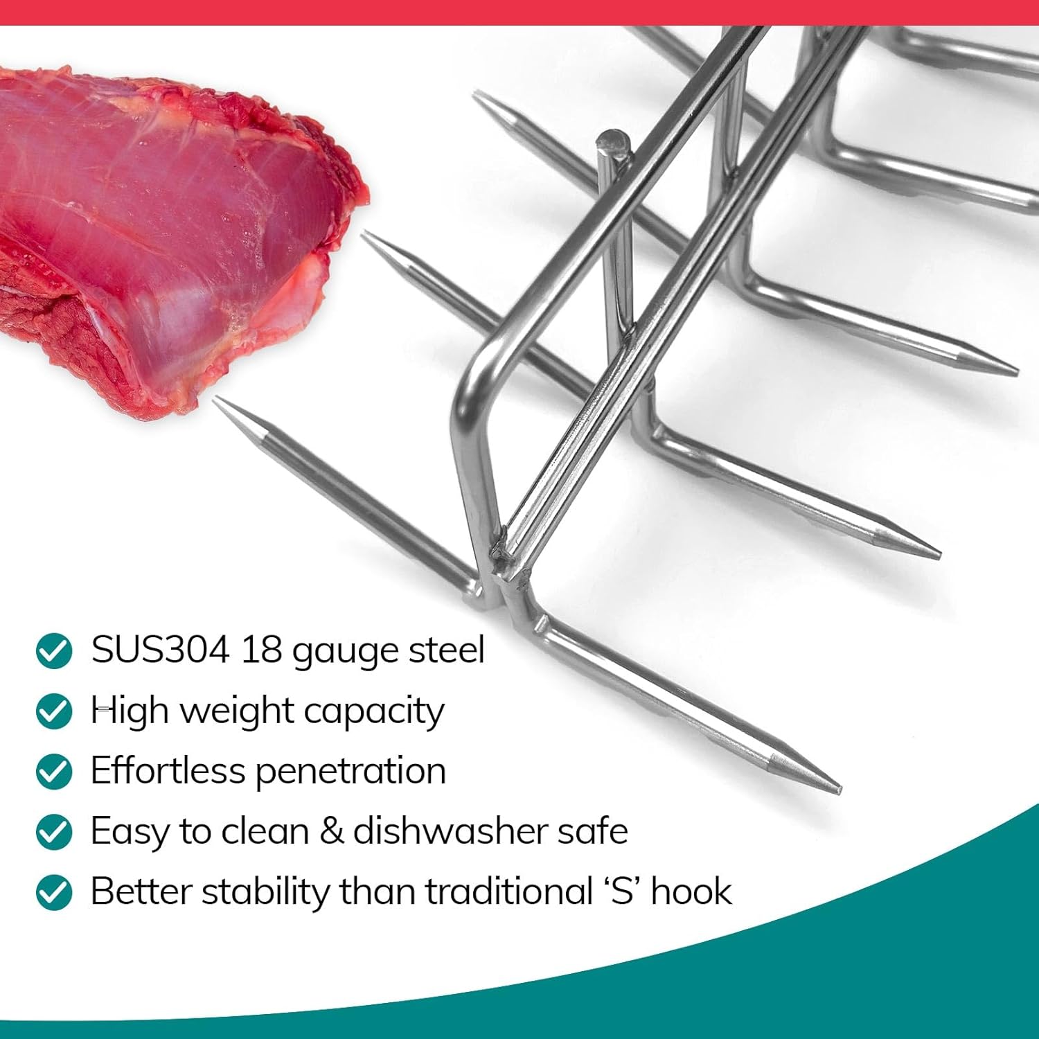 The Sausage Maker® Bacon Hanger 6-Prong Double Sided Meat Hooks SUS304 Stainless Steel, Heavy Duty Butcher’s Hook Accessories for Meat Smoking, Processing, Drying, Grilling, BBQ, 6.25” W x 5.75” H