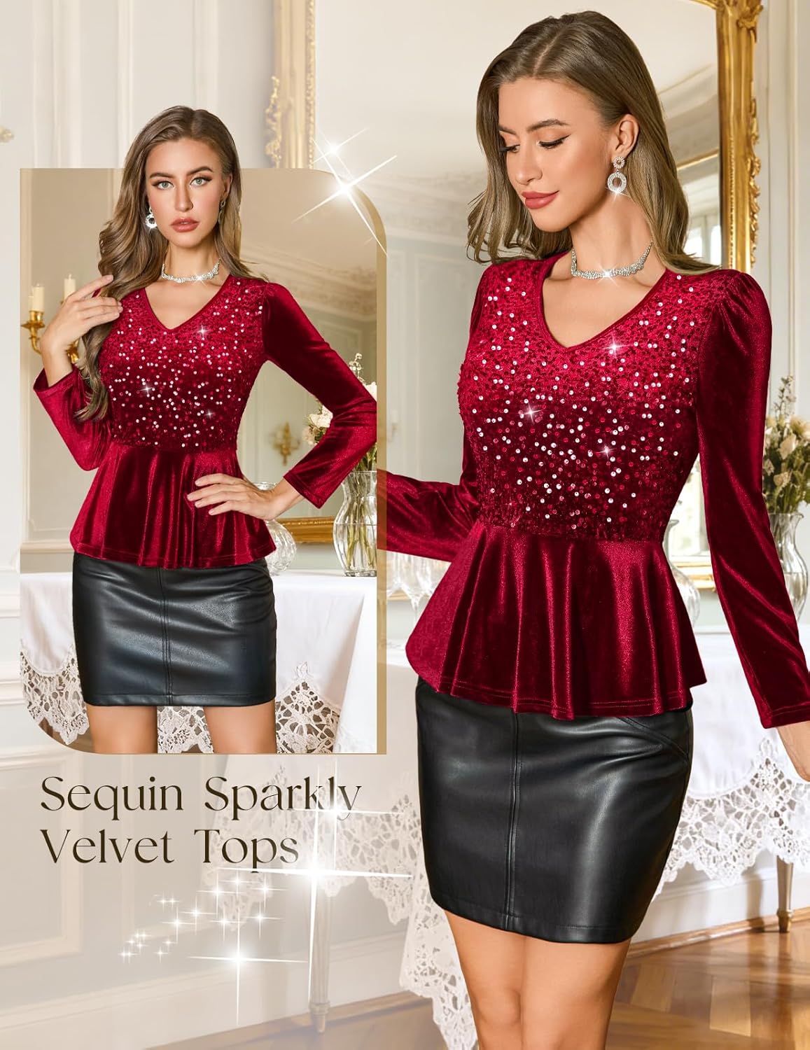 DRESSTELLS Womens Sequin Velvet Holiday Tops Glitter Sparkly Party Blouse Long Sleeve Christmas V-Neck Evening Winter Shirts - Image 5