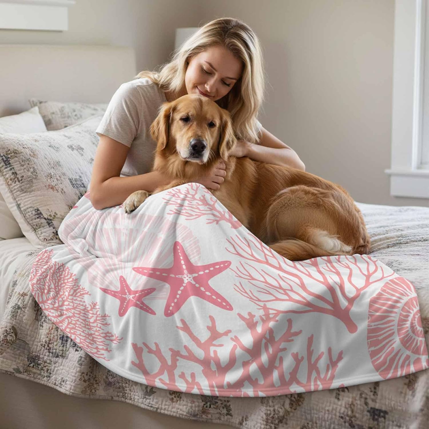 Nautical Coastal Flannel Fleece Blanket Pink Coral Super Soft Warm Cozy Throw Blanket Seashell Starfish Marine Life Bed Couch Car Blankets for All Season 50" x 60"