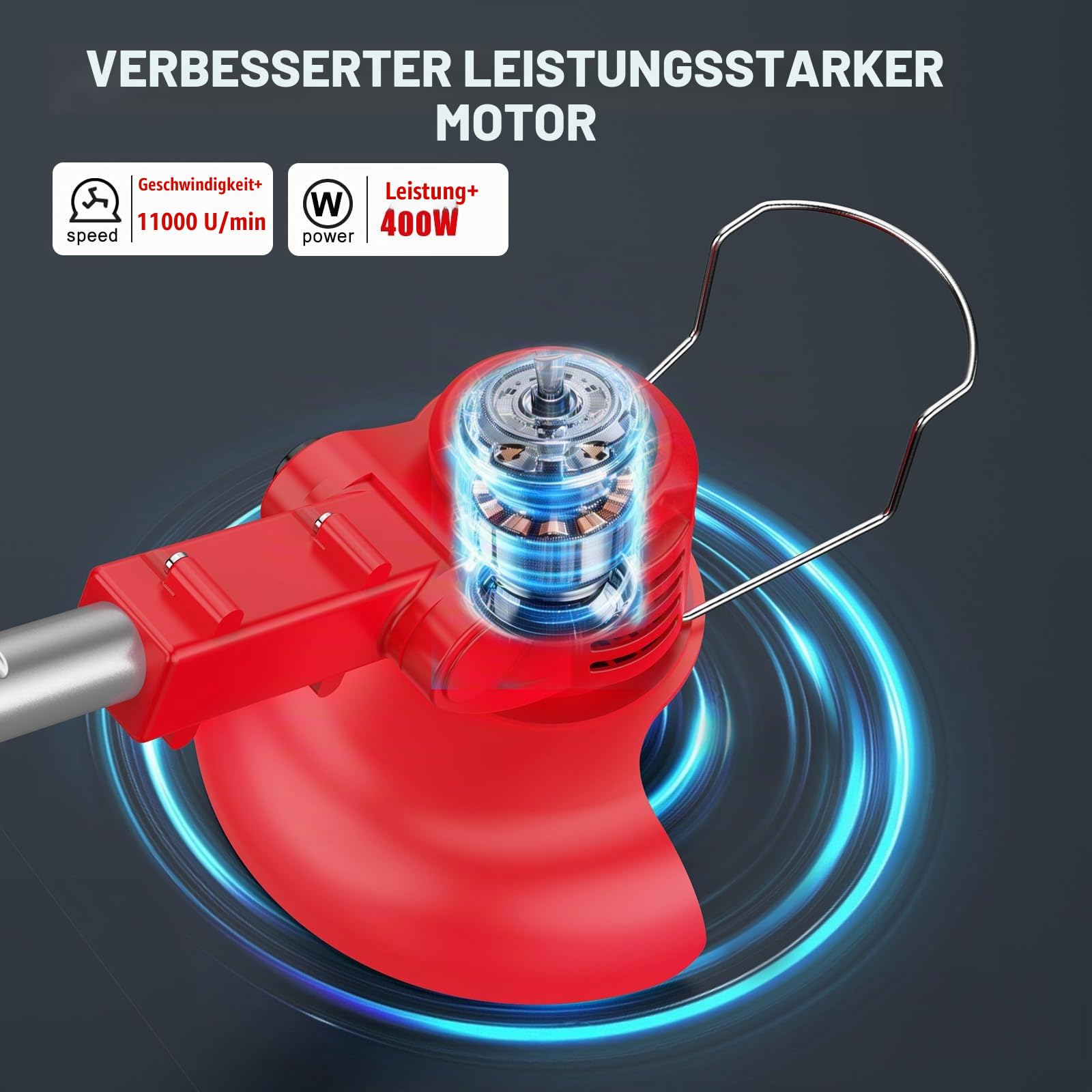 Bamse Rasentrimmer mit Akku – Akku Rasentrimmer, 11000 U/min, 2x2000mAh, Teleskopgriff 85–120cm, 2 Schneidköpfe – Freischneider Akku für Garten, Motorsense, Kantenschneider Rasen, Rot
