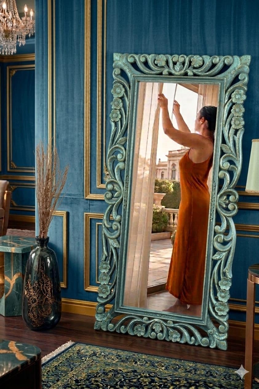 HandCarved Ornate Wooden Floor Mirror Frame | Antique Floral Design Premium Vintage Style Handcrafted Full Length Mirror Frame Luxury Wall Decor Large Decorative Floor Mirror (Blue)-image-12