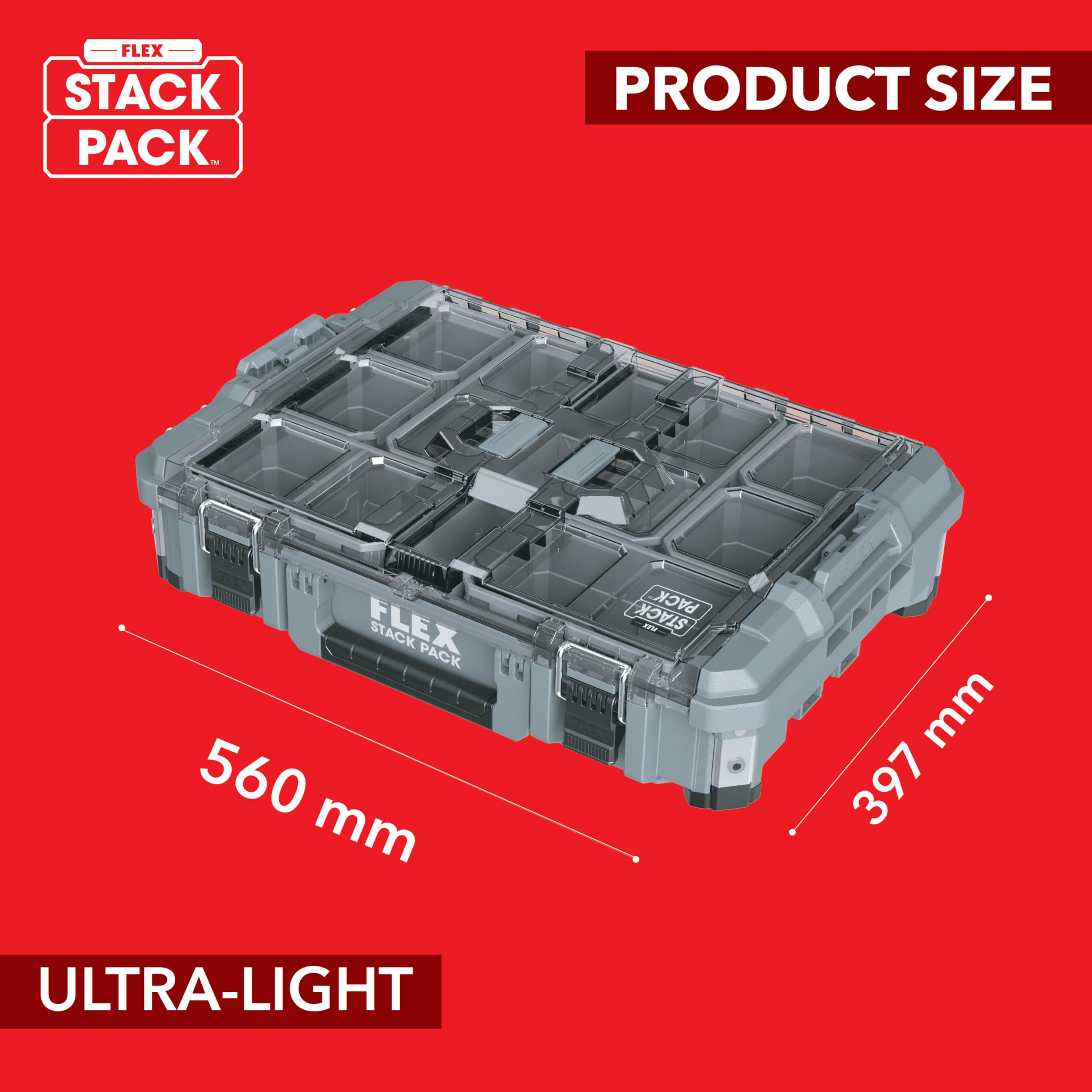 Flex Walizka transportowa Big Organizer STACK (z odpornego na uderzenia tworzywa sztucznego, dł. x szer. x wys. 560 x 397 x 143 mm, z metalowym zamknięciem ryglowym, walizka narzędziowa) 531467