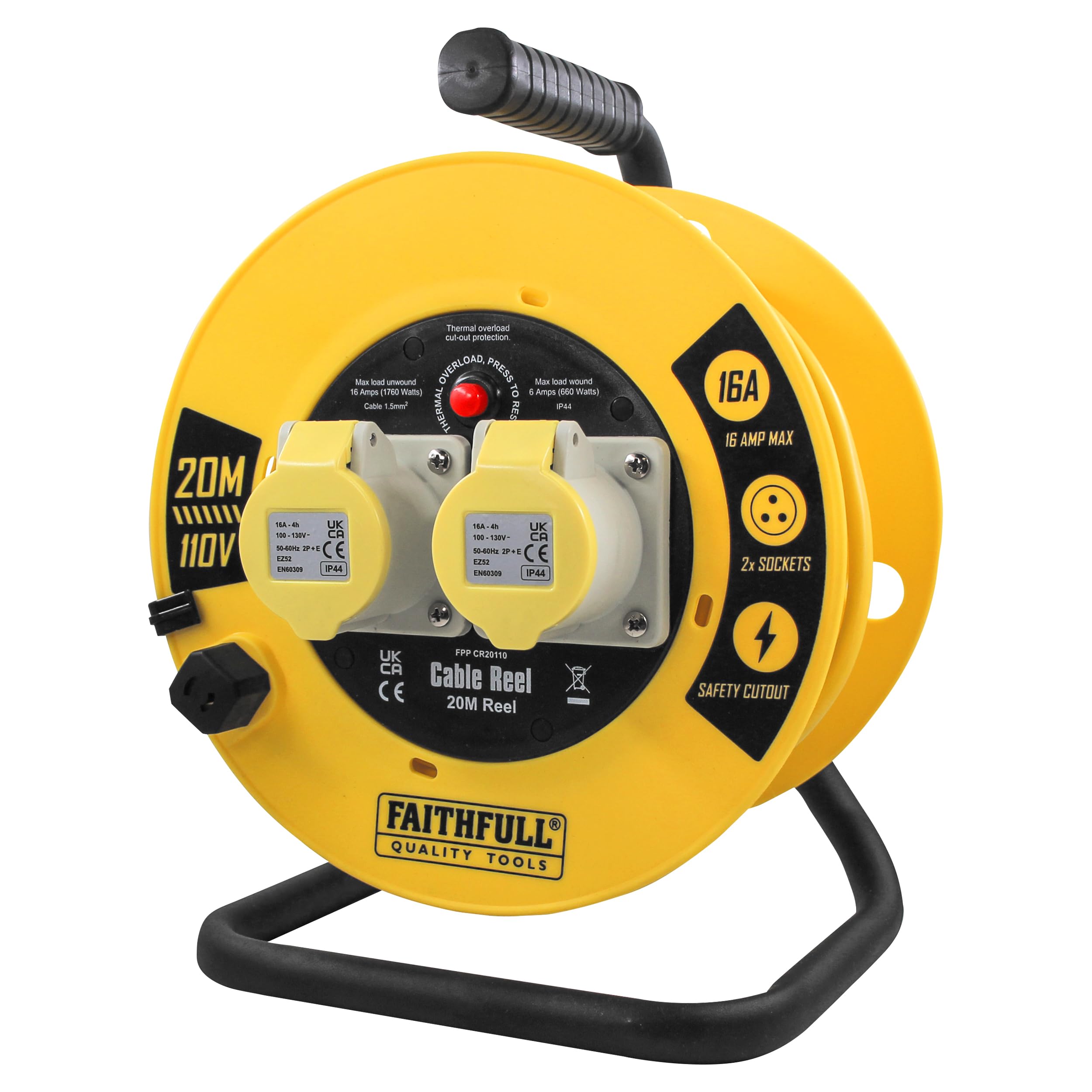 Faithfull Power Plus Open Cable Reel 110V 20M 16A 2 Socket (1.5Mm Cable)