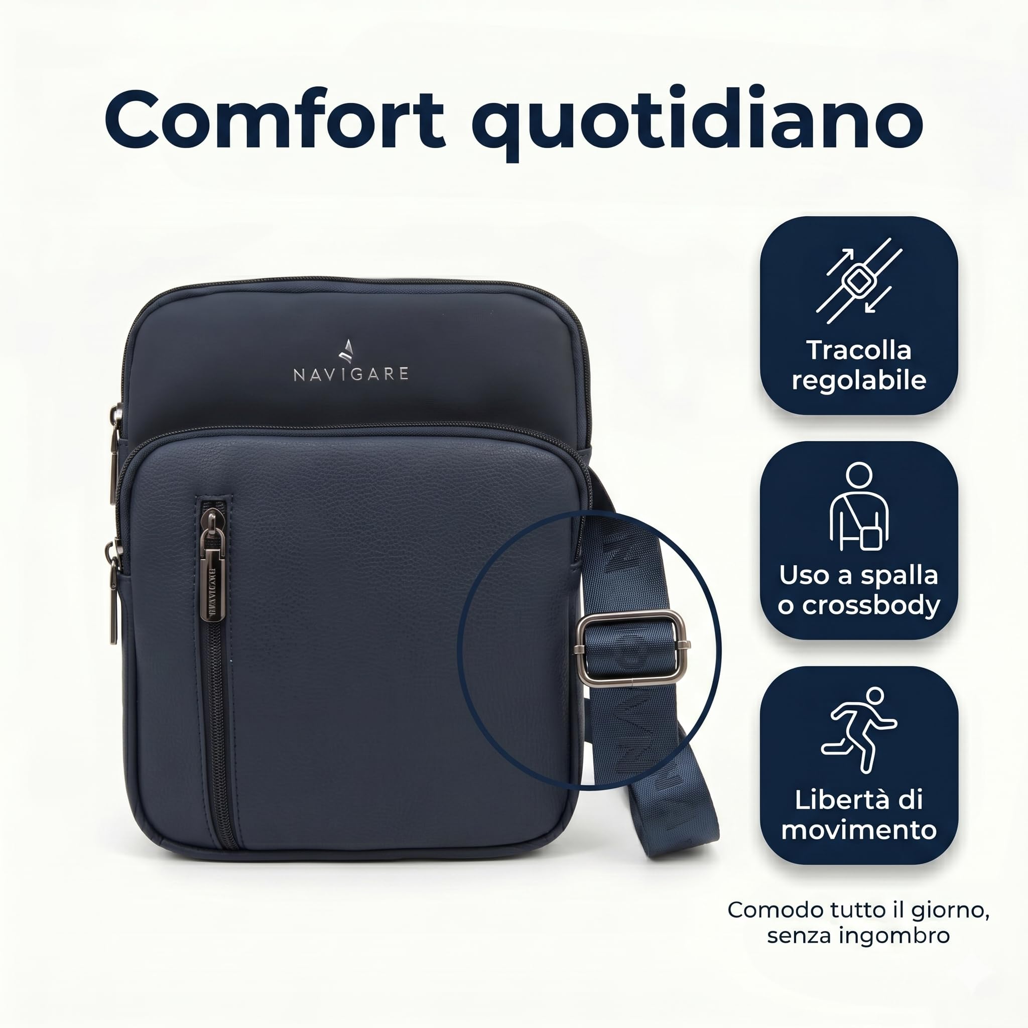 Navigare BORSELLO UOMO TRACOLLA – Borsello Uomo in Ecopelle con Tracolla Regolabile, 2 Tasche con Zip e Scomparti Interni, Stile Elegante e Casual per Lavoro, Viaggio e Tempo Libero