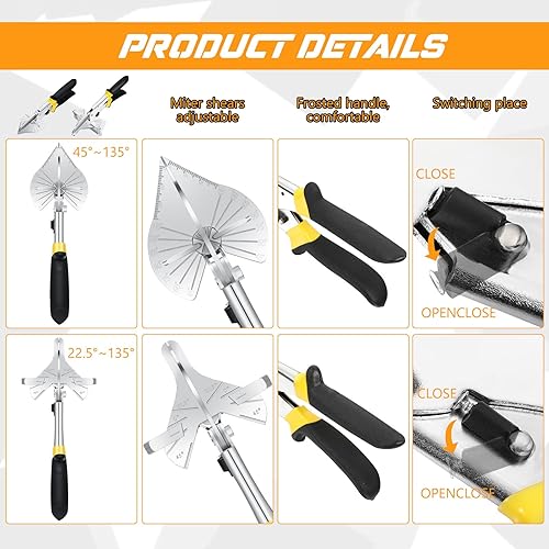 Miniatura 5 de Lothee Cizalla de inglete para moldeo de corte angular, cortador redondo de un cuarto de corte, cizalla ajustable a 22.5 a 135 grados, herramienta