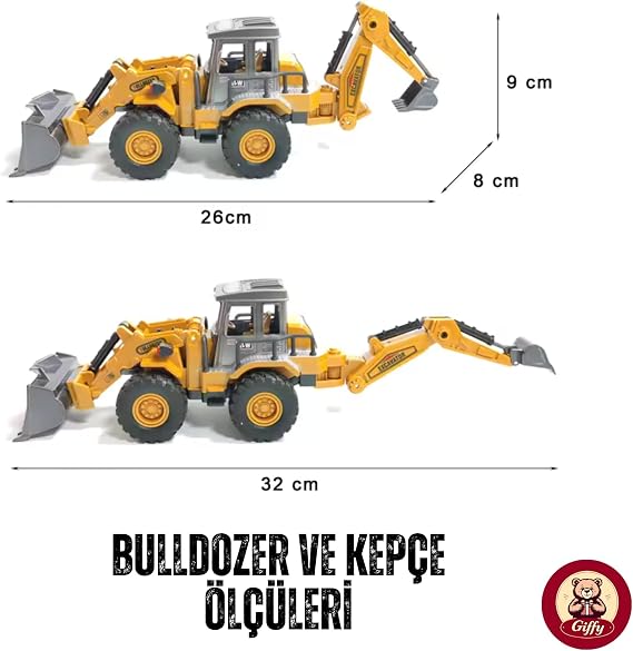 Oyuncak 3'lü İş Makineleri Seti Ekskavatör Kule Vinç Bulldozer ve Kepçe Bir Arada Full Metal Başlık Sürtmeli Model
