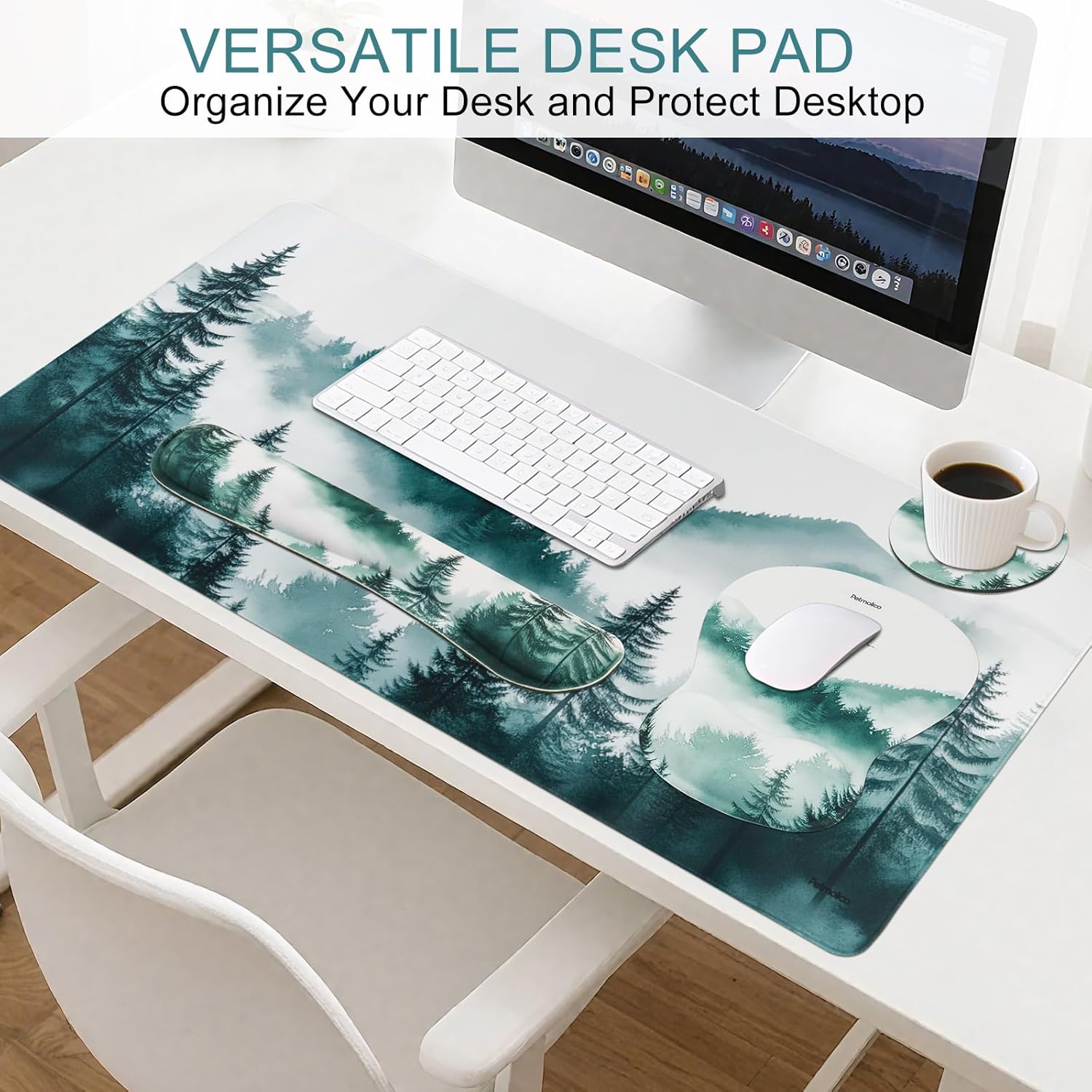 Petmolico Wrist Rest Set with Computer Keyboard Desk Pad,Mouse Wrist Rest,Keyboard Typing Wrist Pad and Cup Coasters,Ergonomic Design for Typing Pain Relief [Gray-Green,Pine]