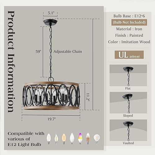 Miniatura 5 de Lámpara de araña antigua de granja para comedor, isla de cocina, 6 lámparas colgantes de tambor, lámparas colgantes redondas de metal negro y