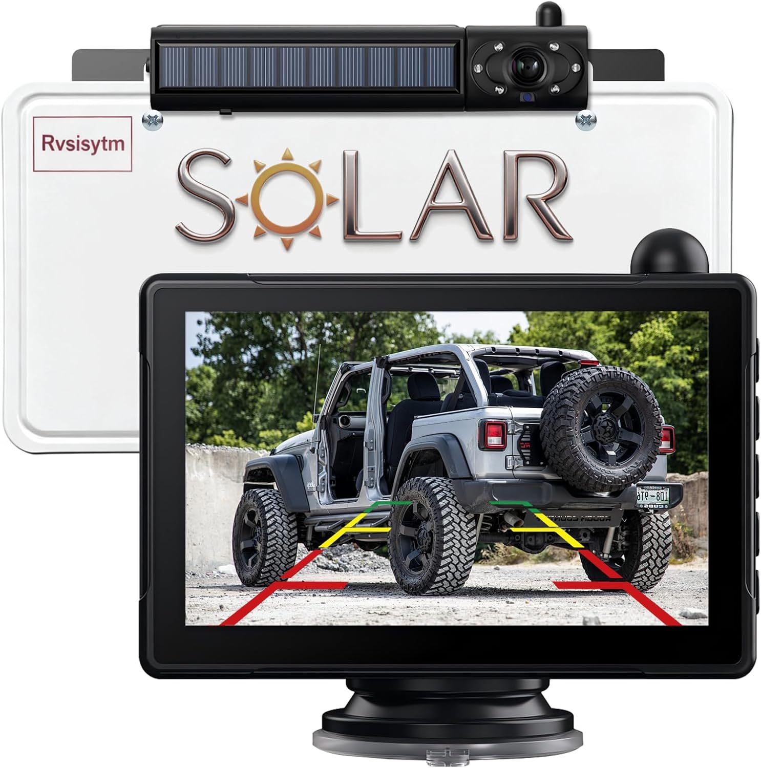 1080P Solar Wireless Backup Camera with 5in Monitor, 5000mAh Rechargeable Battery and Solar Panel, IP69K Waterproof, IR Night Vision, Support 2 Cameras, for Car, RV, Trailer, Camper (0092)