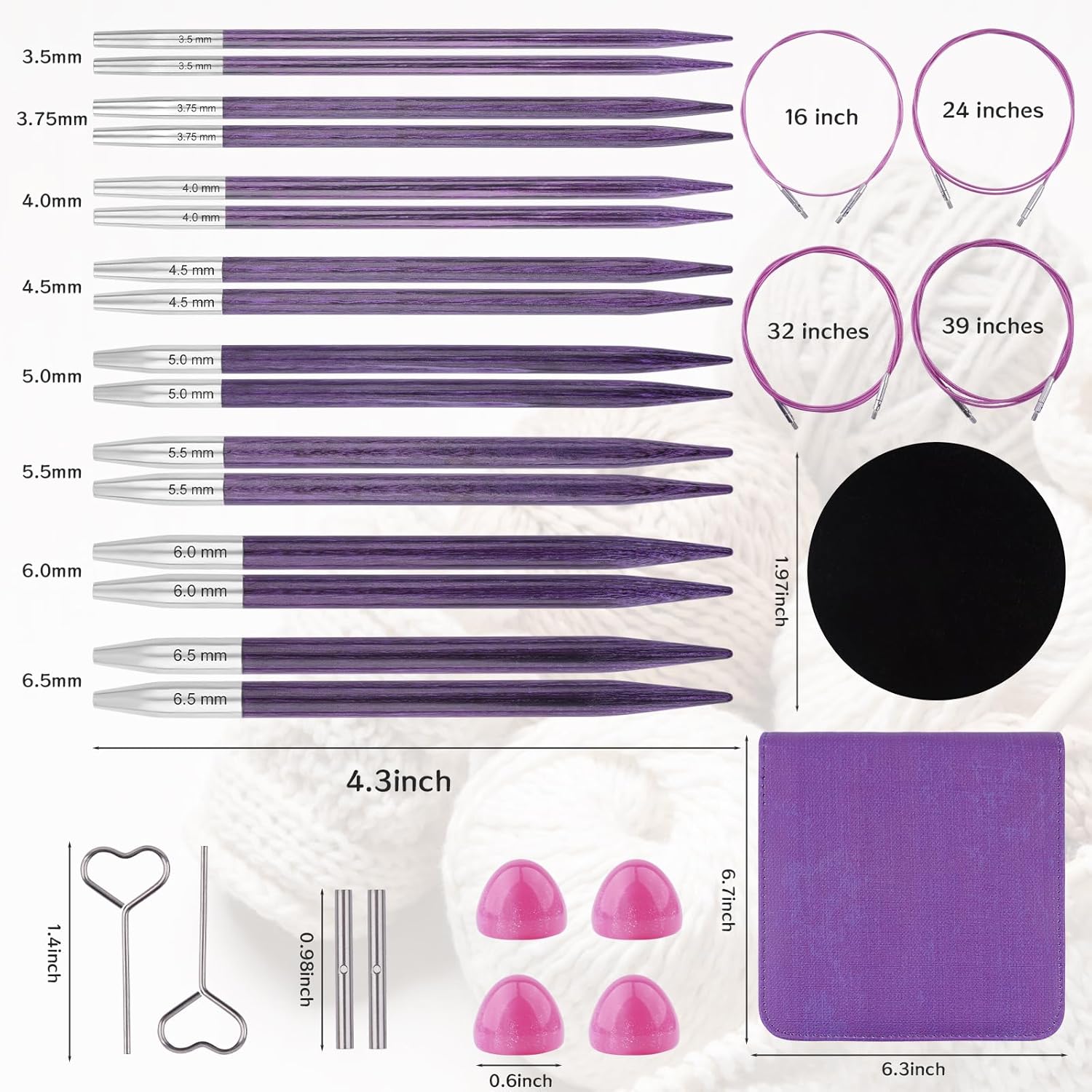 BsHooker Interchangeable Circular Knitting Needles Set with Case,3.5mm-6.5mm Birch Wood Knitting Needles Set with Cables,Complete Accessories