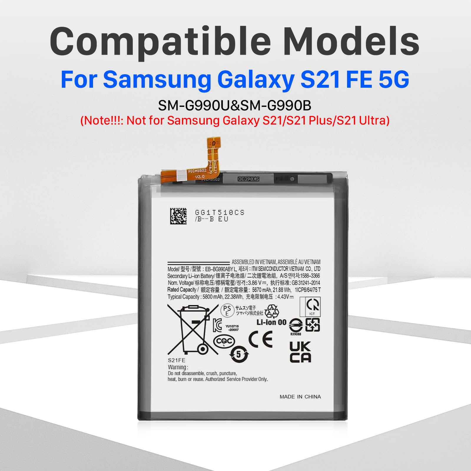 Galaxy S21 FE EB-BS912ABY Batterie de rechange, 5800 mAh, pour Galaxy S21 FE 5G SM-G990B, SM-G990B/DS, SM-G990U1, SM-G990U, SM-G990W avec kit d'outils de réparation