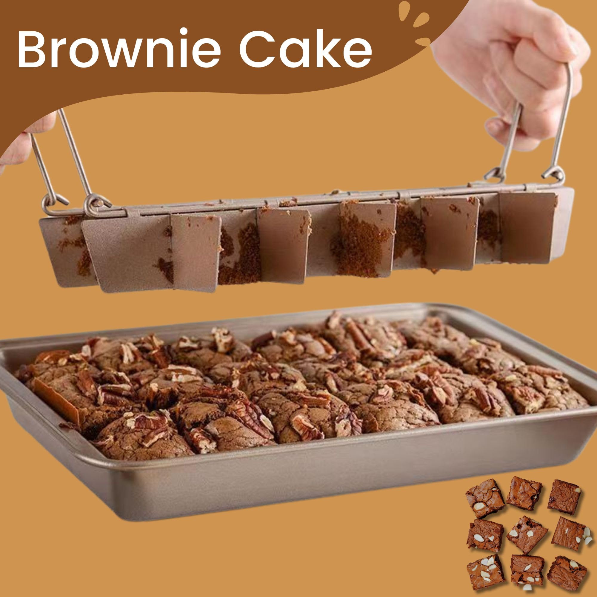 KiNeX Brownie Backform, Antihaftbeschichtete Kuchenform Brownie mit Trennwänden, Antihaftbeschichtete Brownie-Pfanne für Professionelle Scheiben, für 18 Vorgeschnittene Brownies, Karbonstahl, Gold