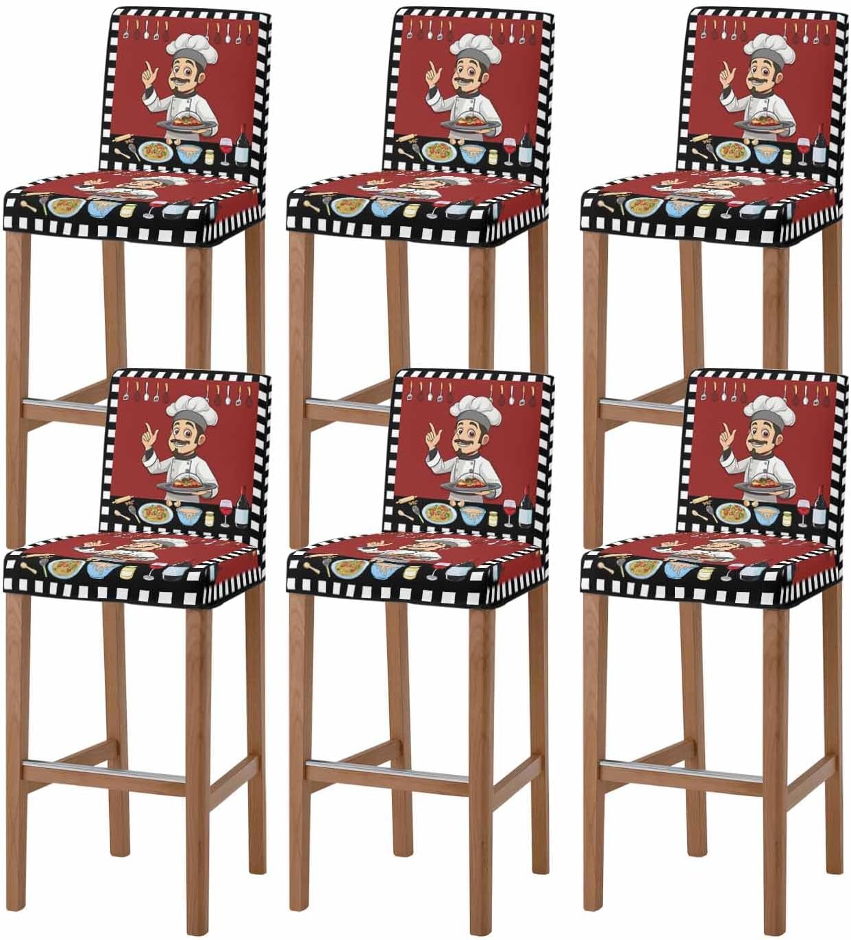 Cheg Red Bar Stool Covers Set of 6, Black White Check Buffalo Plaid Grid Lattice Stretch Washable Bar Chair Covers with Backs, Removable Pub Counter Height Chair Cover for Kitchen Dining Room Cafe
