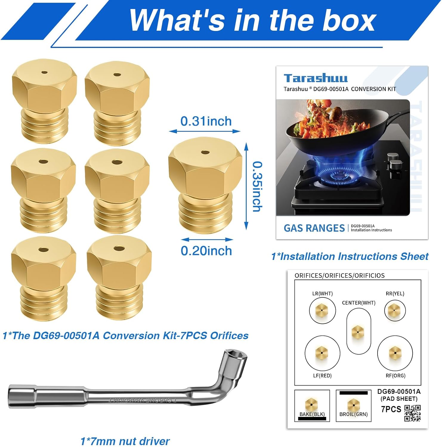 7PCS Orifices DG69-00501A for Samsung Gas Range LP Conversion Kit with Installations and Tool，Compatible with DG96-00859A